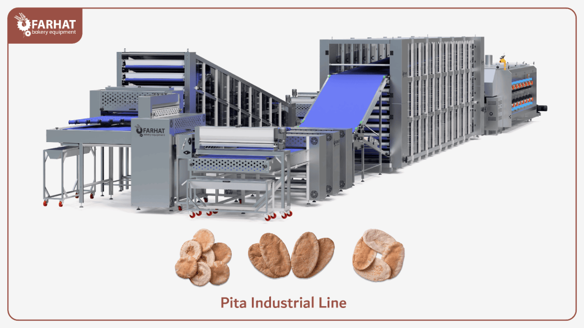 Große industrielle Pita-Brot-Produktionslinie mit Förderbändern und Metallmaschinen. Vorne sind vier Fladenbrote ausgestellt. Das Logo von Farhat Bakery Equipment und der Text Pita Industrial Line sind vorhanden.