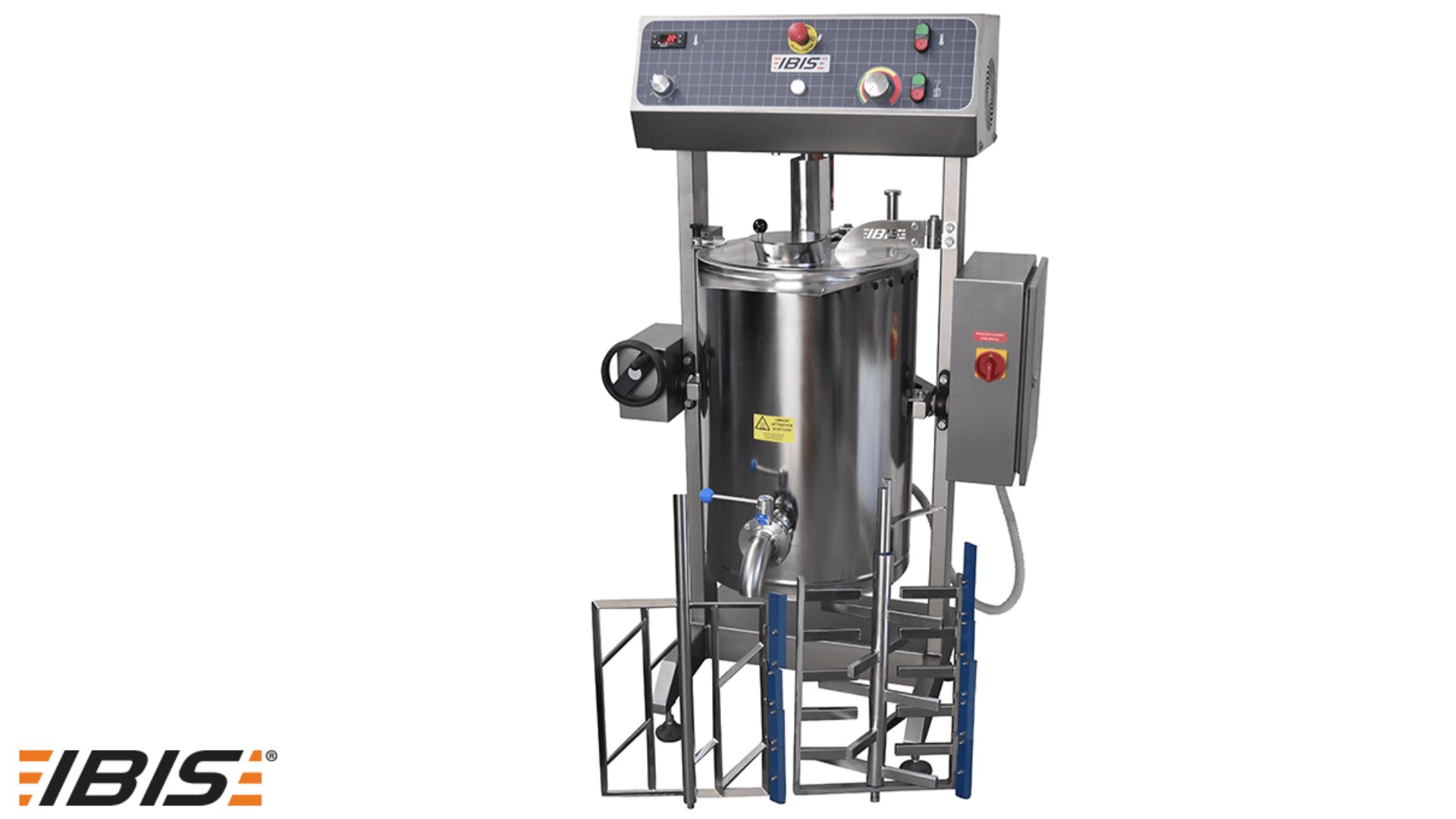 A stainless steel industrial machine with control panel, dials, and buttons, branded “IBIS.” The machine features a cylindrical tank, hoses, a spout, and safety railings at the base, with the IBIS logo in the lower left corner.