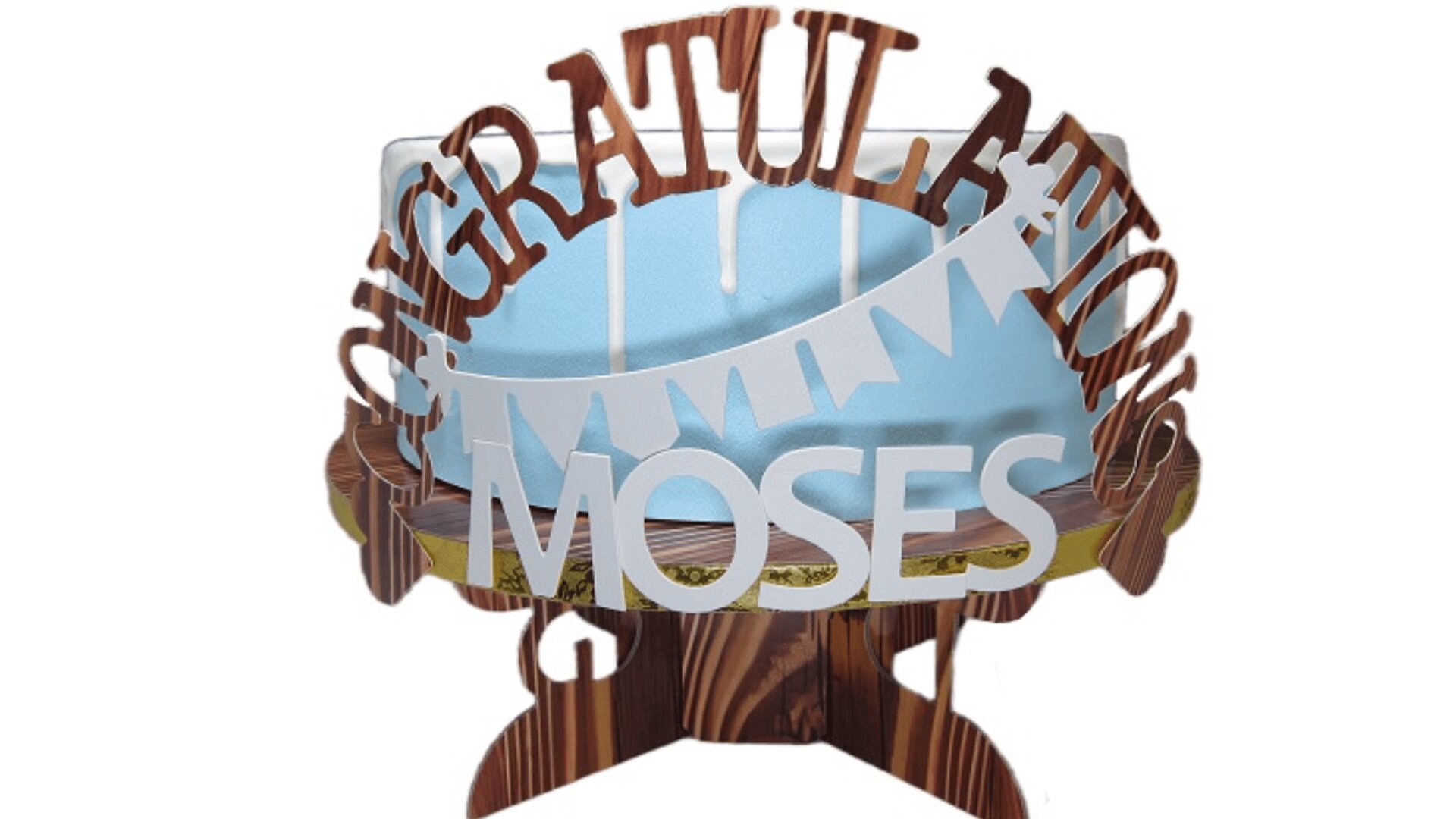 A wooden cake topper with the words CONGRATULATIONS MOSES and a small banner design, placed on top of a light blue frosted cake.
