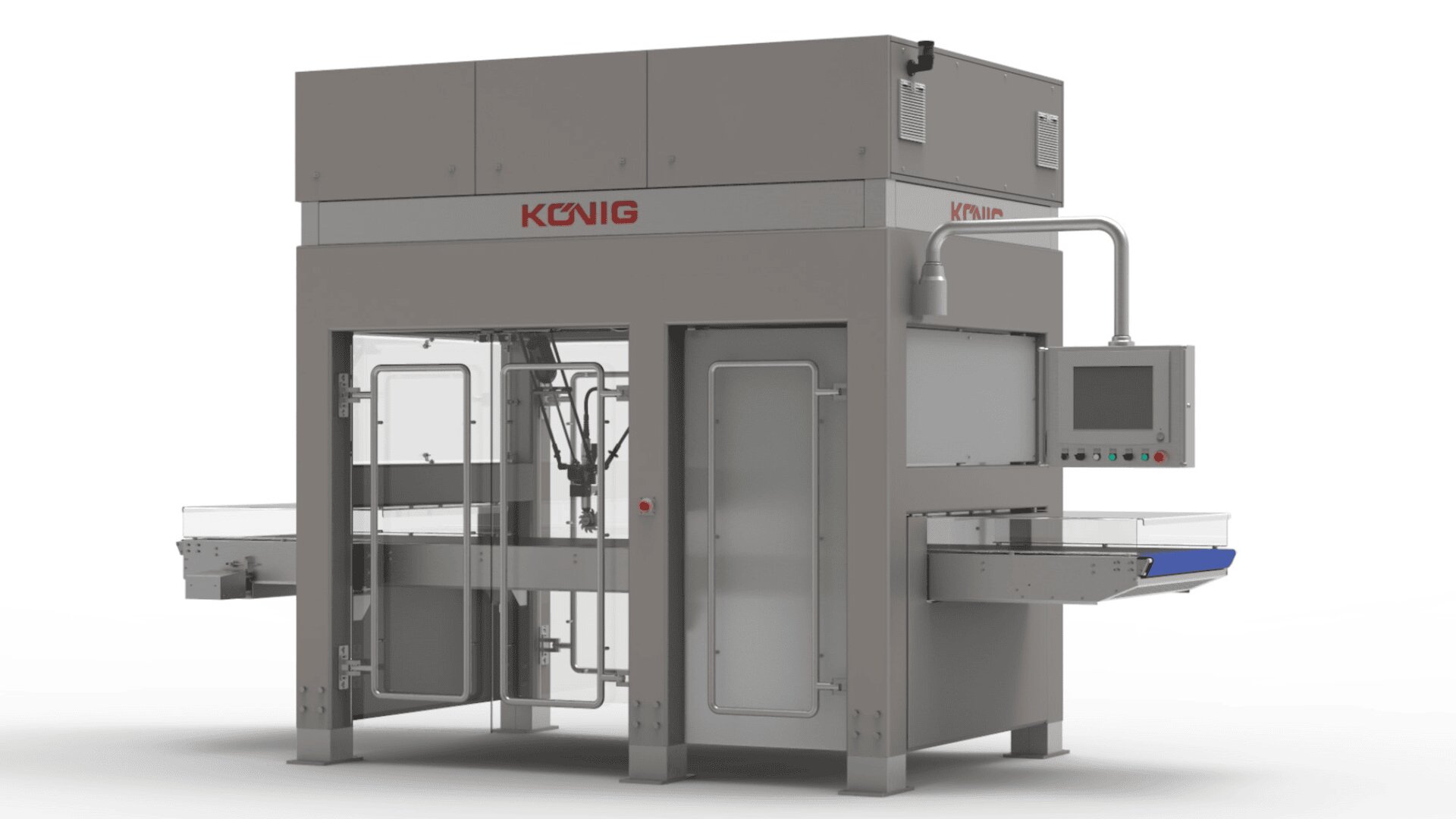 Eine große industrielle Bäckereimaschine von König mit einem Metallgehäuse, Glastüren, Förderbändern auf beiden Seiten und einem Bedienfeld mit Tasten und einem Bildschirm auf der rechten Seite.