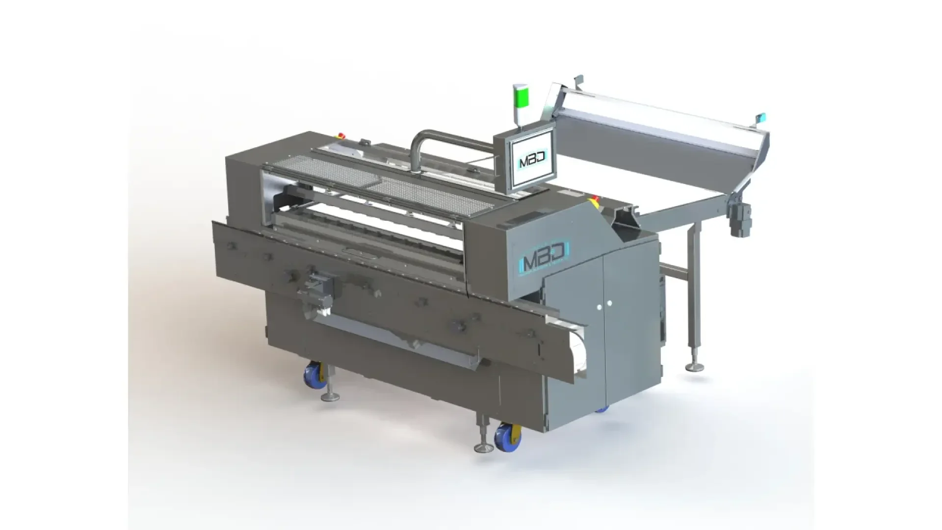 A large industrial machine with wheels and control panel, featuring stainless steel surfaces and a conveyor belt, likely used for food processing, set against a plain white background.