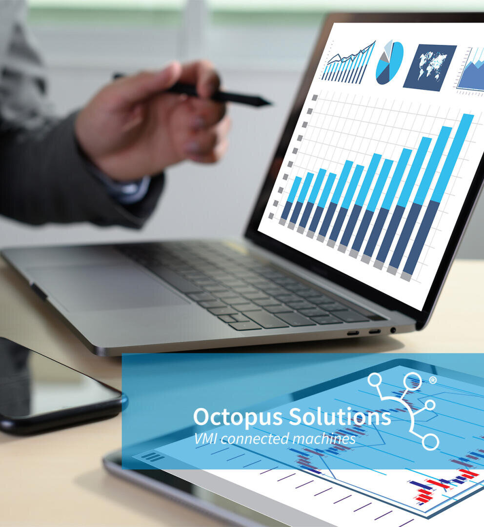A person points at a laptop screen displaying business charts and graphs. The foreground shows a transparent banner with the text Octopus Solutions, VMI connected machines and a network graphic.