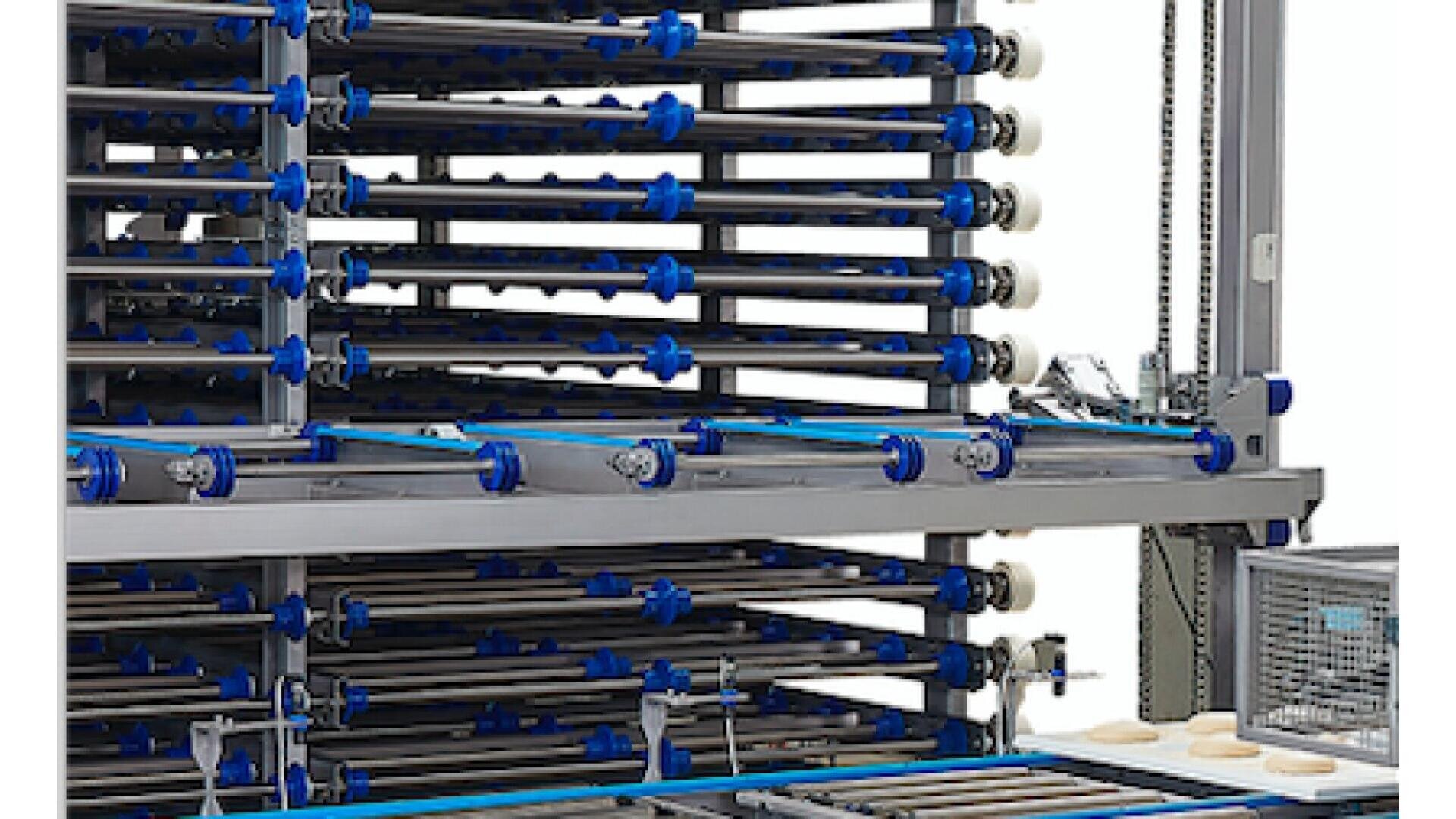 Automated industrial rack system with multiple horizontal metal rods and blue fasteners, designed for handling or storing cylindrical items in an organized, mechanical setup.