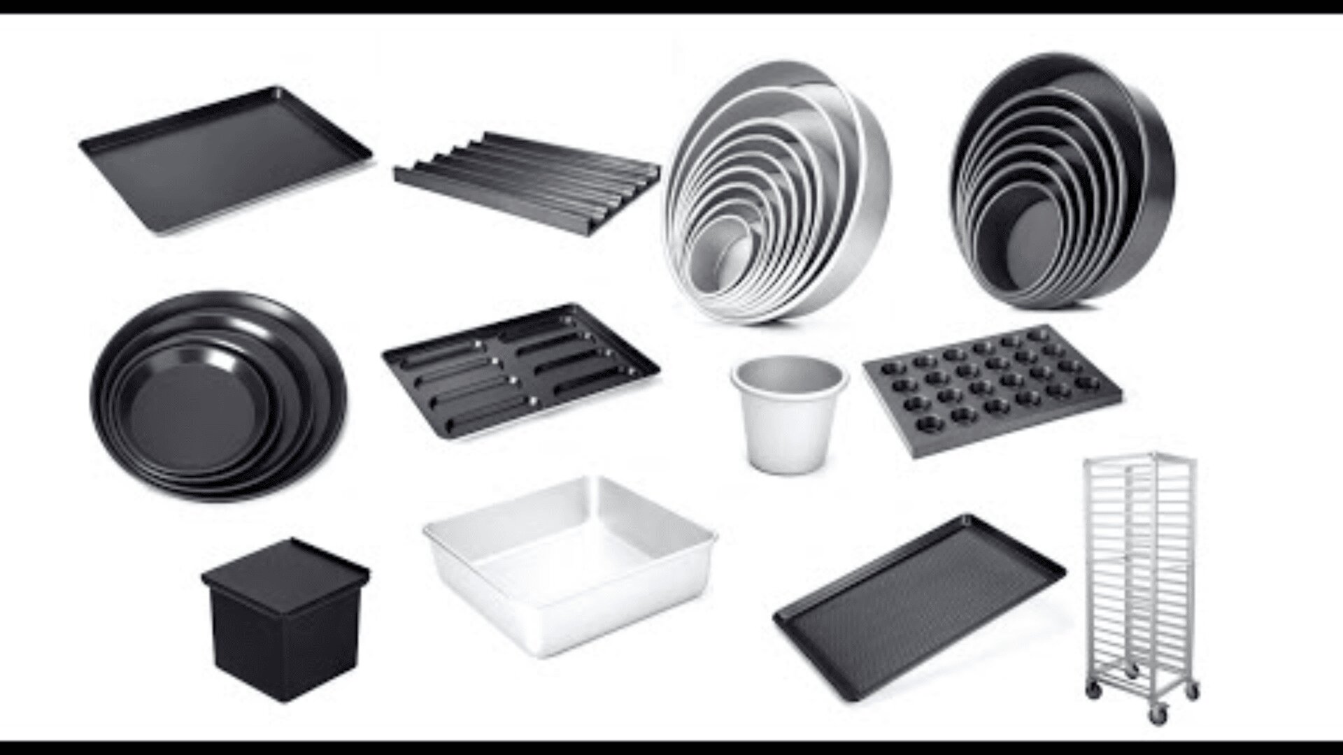 Assorted bakeware items including baking sheets, cake pans, muffin tins, loaf pans, a square pan, mixing bowls, and a tall metal rack with trays, all arranged on a white background.