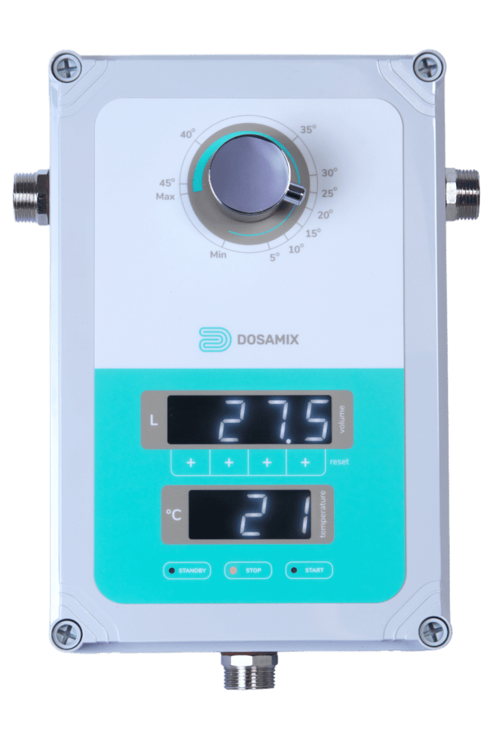 Electronic dosing and mixing device with a dial at the top, two digital displays showing 27.5 (volume) and 21 (temperature), and buttons labeled Standby, Stop, and Start at the bottom.