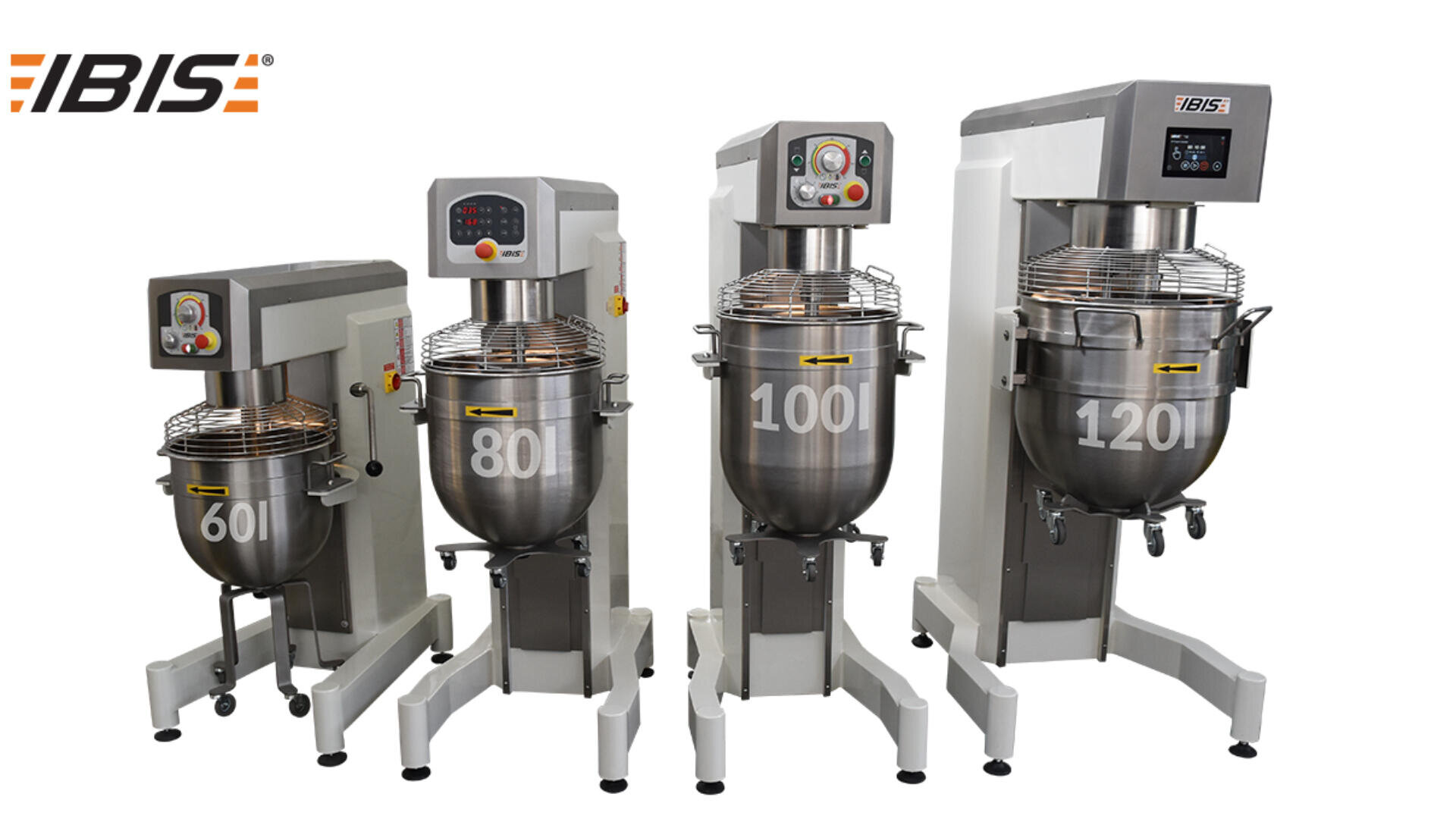 Four industrial dough mixers of different sizes, labeled 60L, 80L, 100L, and 120L, stand in a row on white legs. The IBIS brand logo appears in the top left corner.