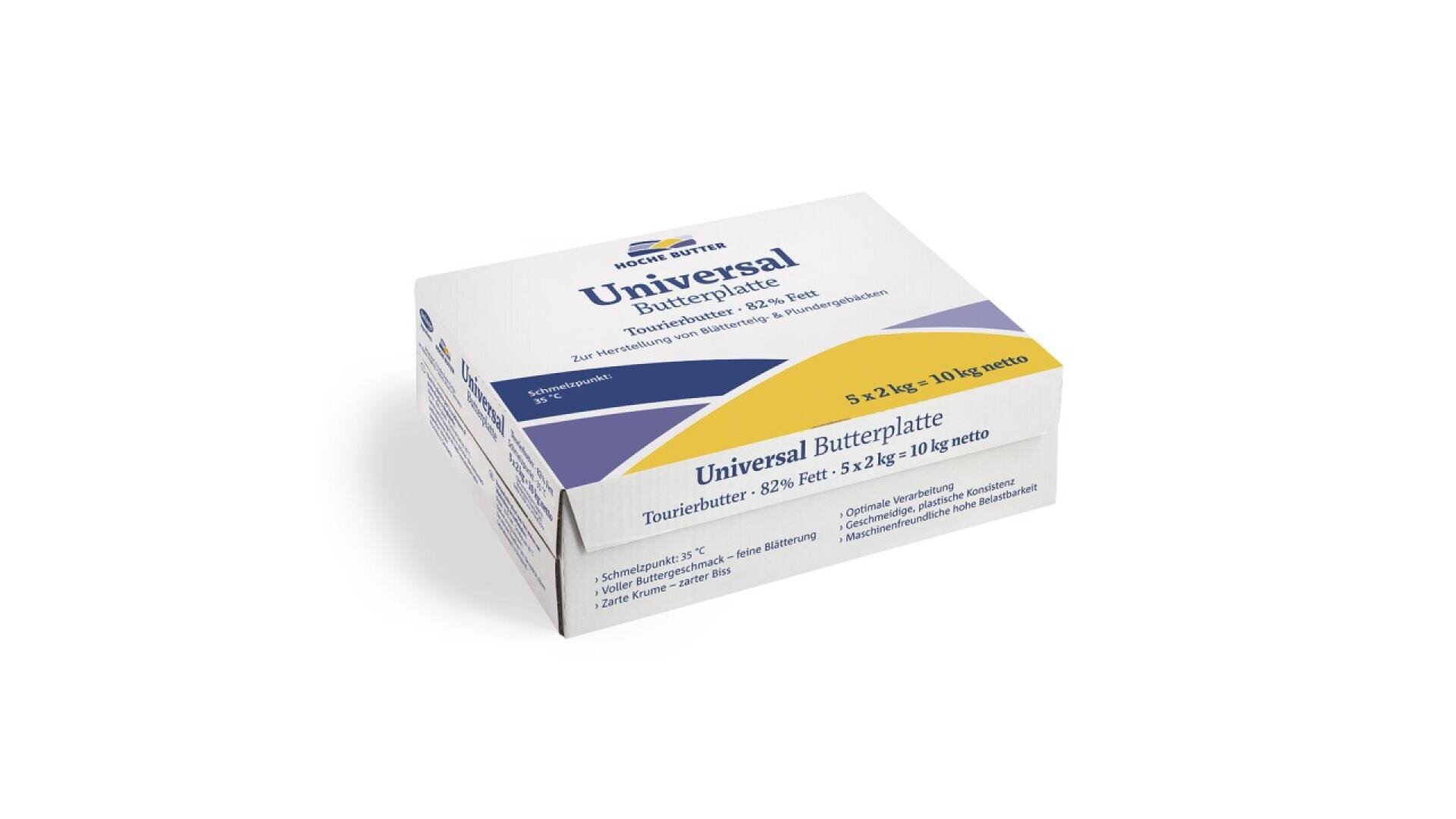 A rectangular box of Universal Butterplatte, labeled in German, with blue and yellow accents. The box contains 10 kg of butter with 82% fat, and the brand Hochland Professional is visible on the packaging.
