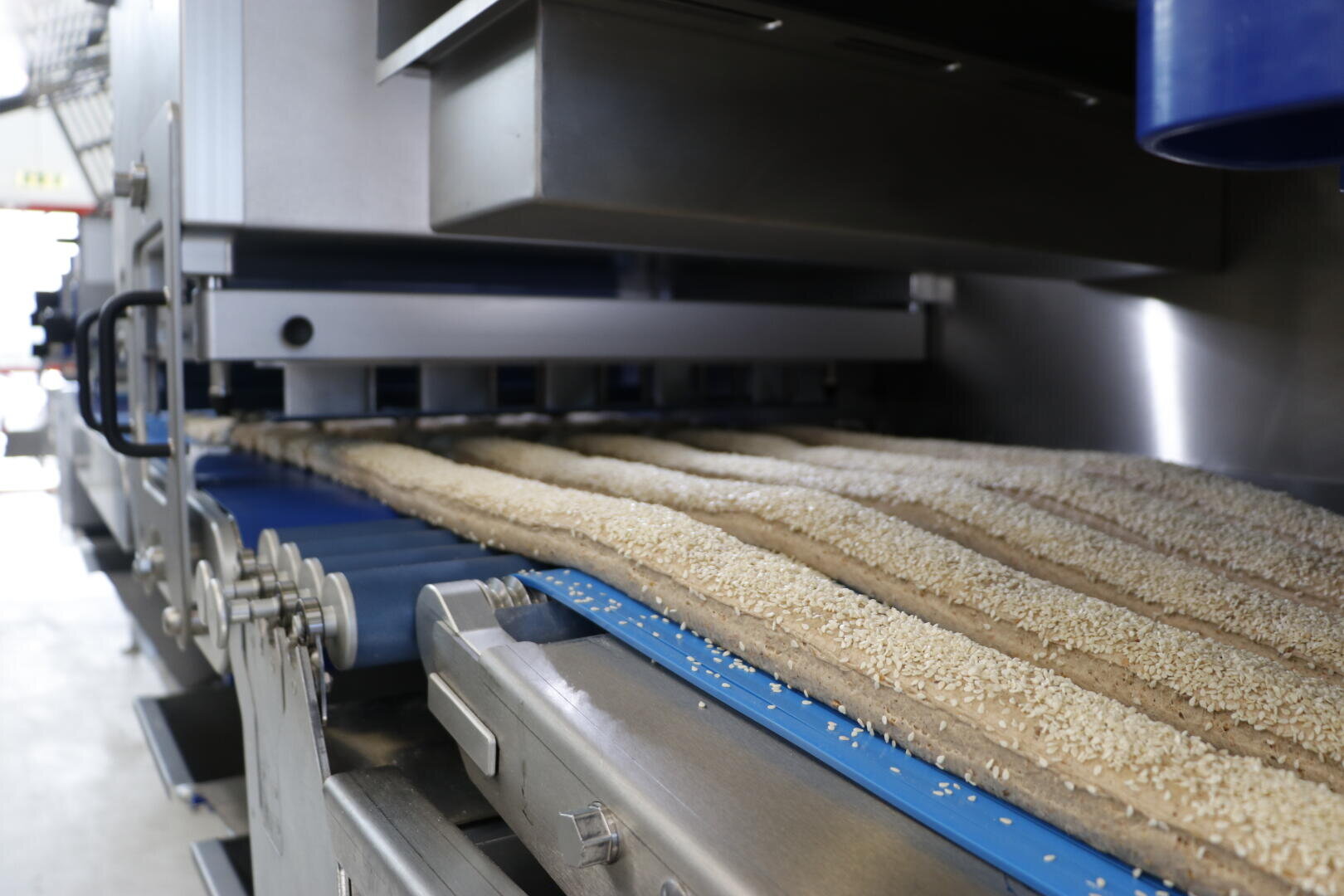 Nahaufnahme einer Industriemaschine, die lange, mit Sesam bestreute Teigstreifen auf einem blauen Förderband in einer Bäckerei oder Lebensmittelproduktionsanlage verarbeitet.