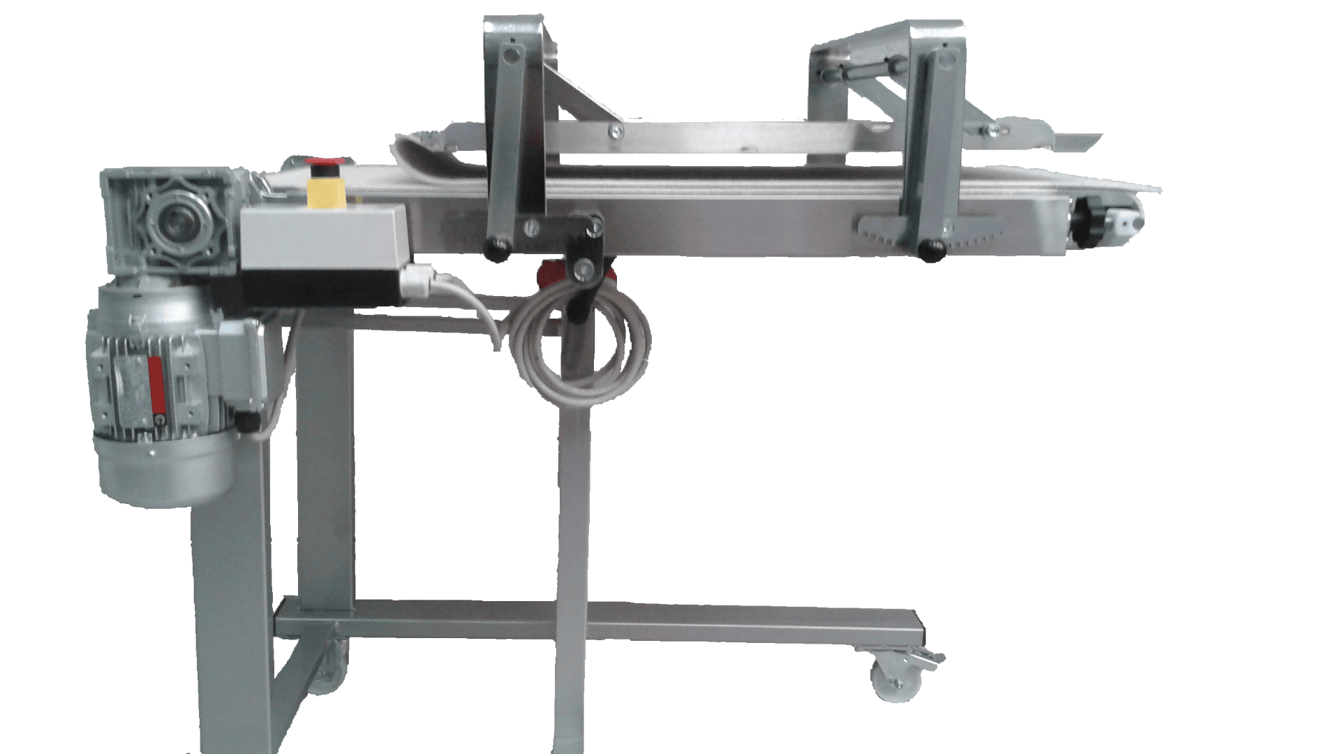 A stainless steel conveyor belt machine with a motor on the left side, control buttons, and wheels at the base, designed for industrial or food processing use.