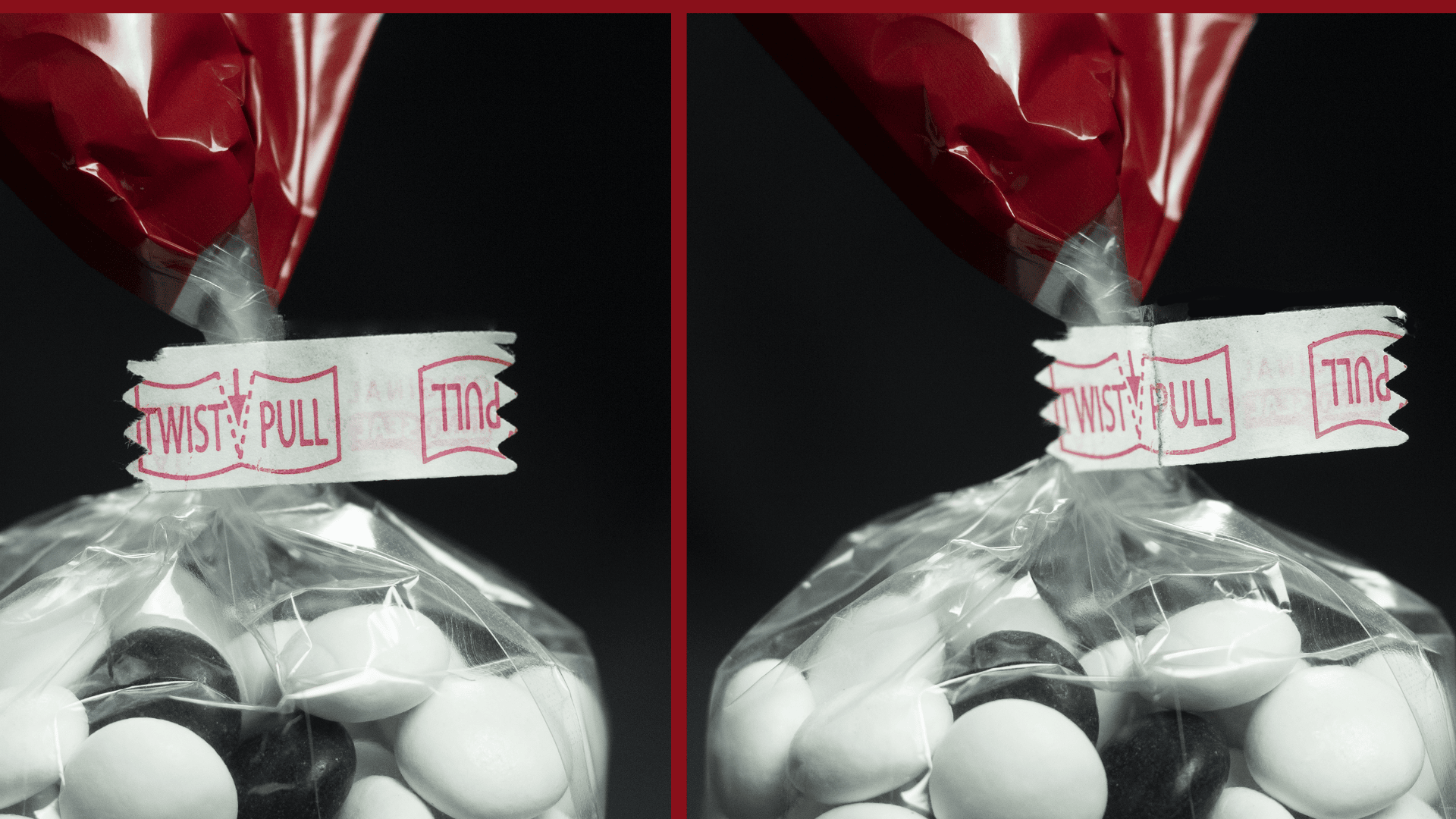 Two close-up images of a clear bag filled with black and white candy, sealed at the top with a twist tie labeled TWIST PULL in red. The left and right images are nearly identical, side by side.