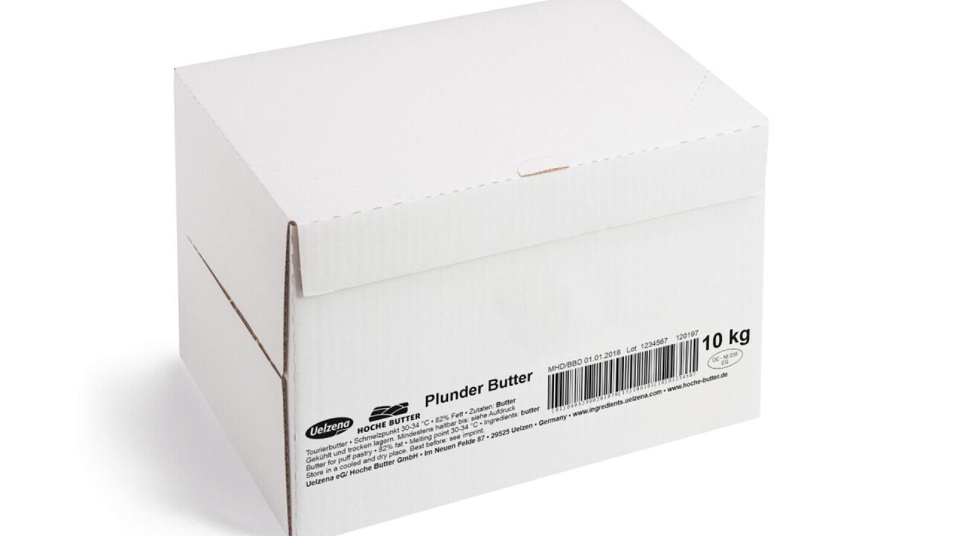 A plain white cardboard box labeled Plunder Butter 10 kg with a barcode and black printed text on one side, sitting against a white background.