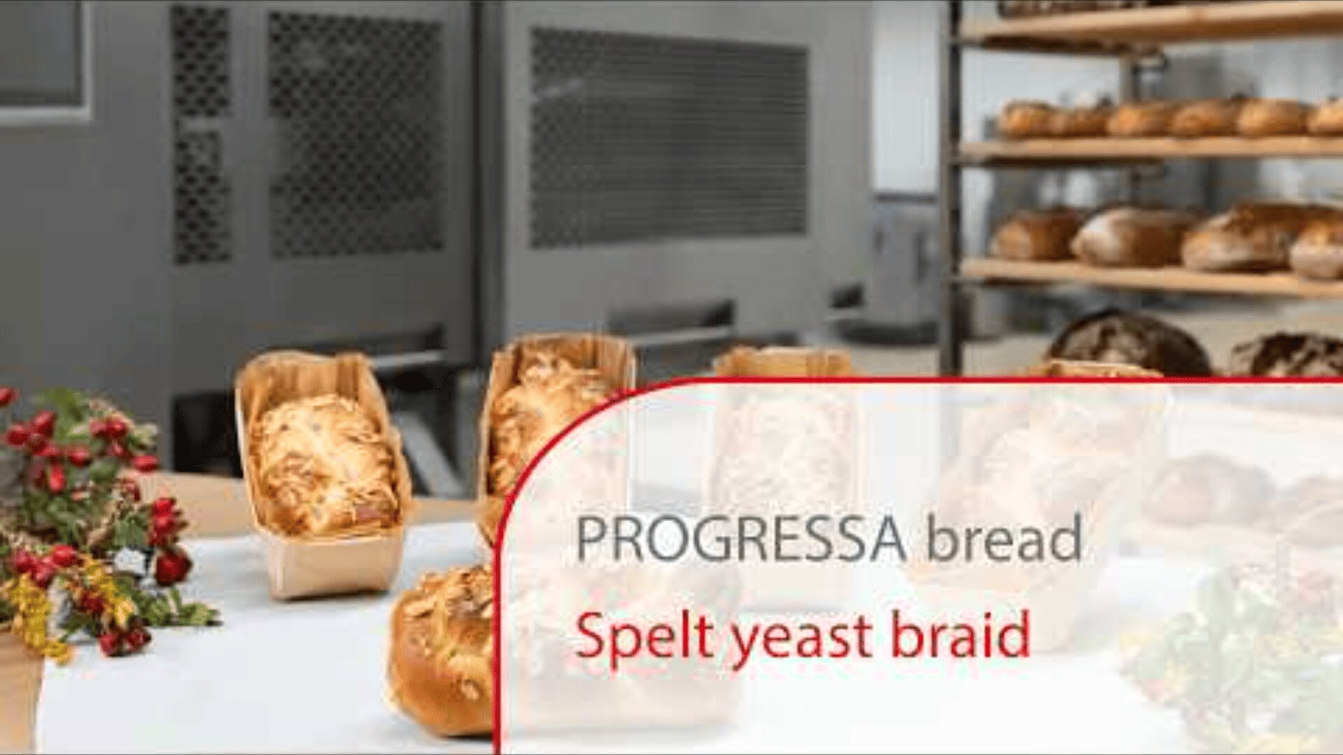 Four loaves of spelt yeast braid bread are displayed on a table with a sprig of berries nearby. In the background, shelves hold various baked goods. Text reads: PROGRESSA bread Spelt yeast braid.