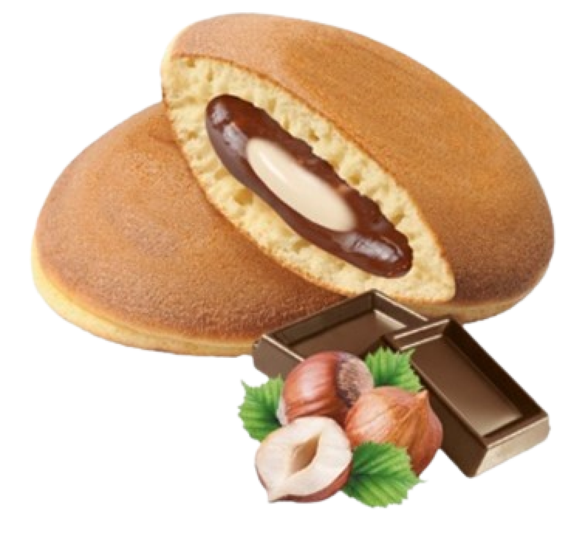 Two golden-brown pastries, one cut open to show creamy chocolate and white filling inside, with pieces of chocolate, hazelnuts, and hazelnut leaves in the foreground.