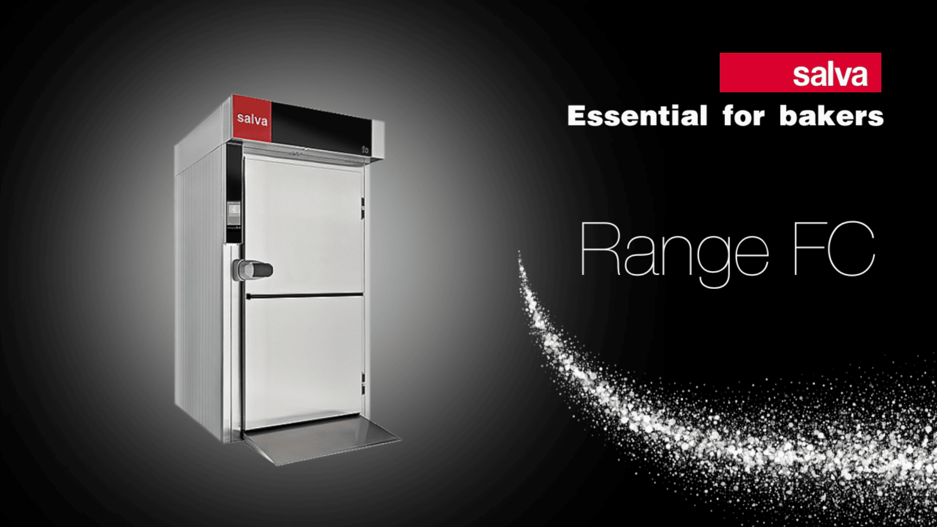 A commercial bakery oven with an open door is shown on a dark background. The words salva Essential for bakers and Range FC appear next to the oven, with a swirl of white particles below the text.
