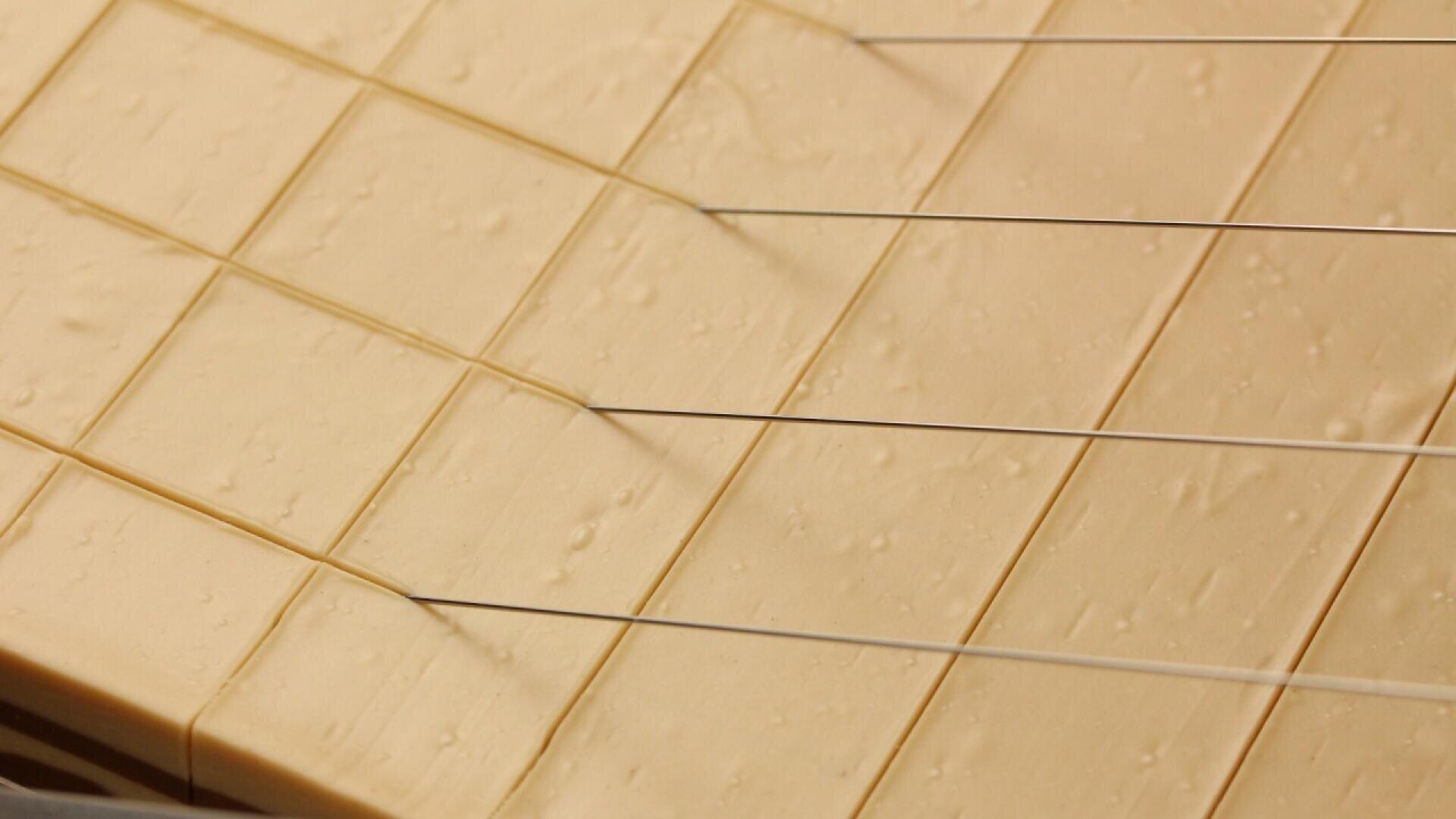 Close-up of a block of cheese being sliced into rectangular pieces by thin metal wires in a cheese cutting machine. The cheese appears smooth and pale yellow.