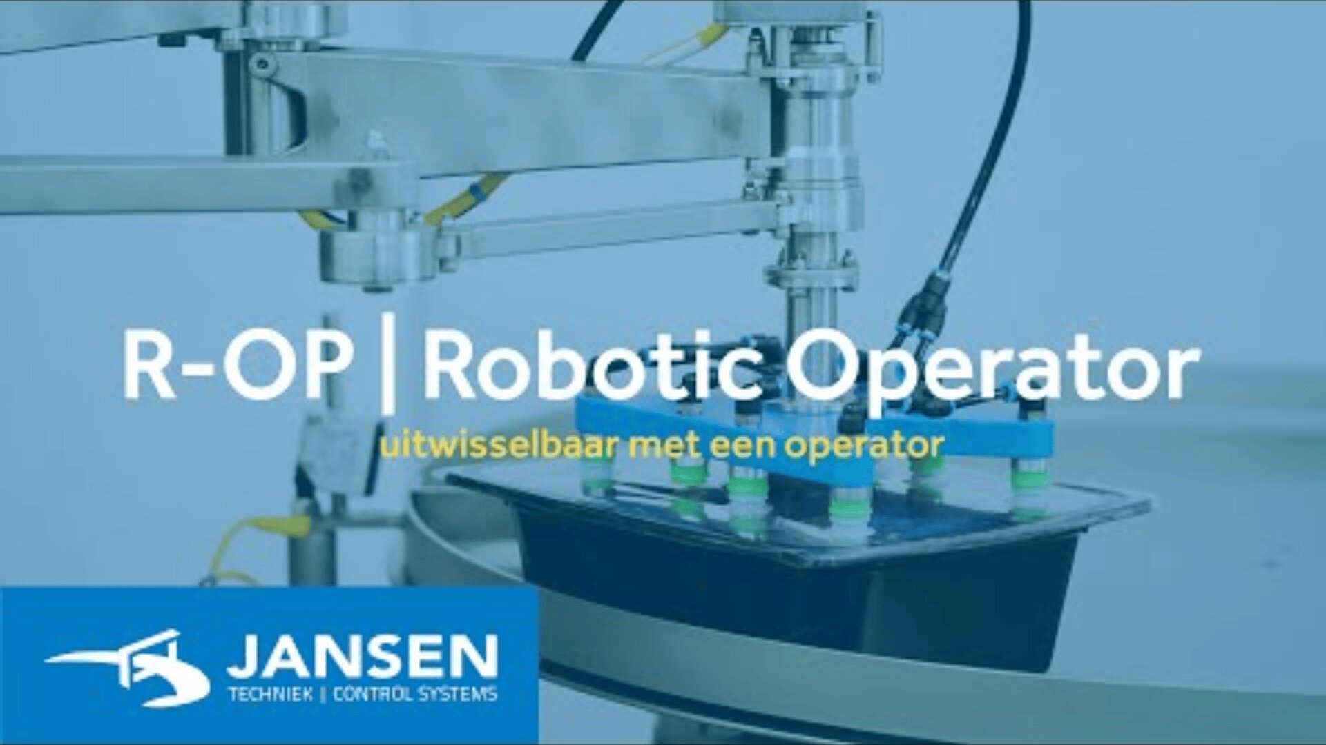 A robotic arm works on a conveyor belt with the inscription R-OP | Robotic Operator uitwisselbaar met een operator and the Jansen Technik logo in the bottom left corner.
