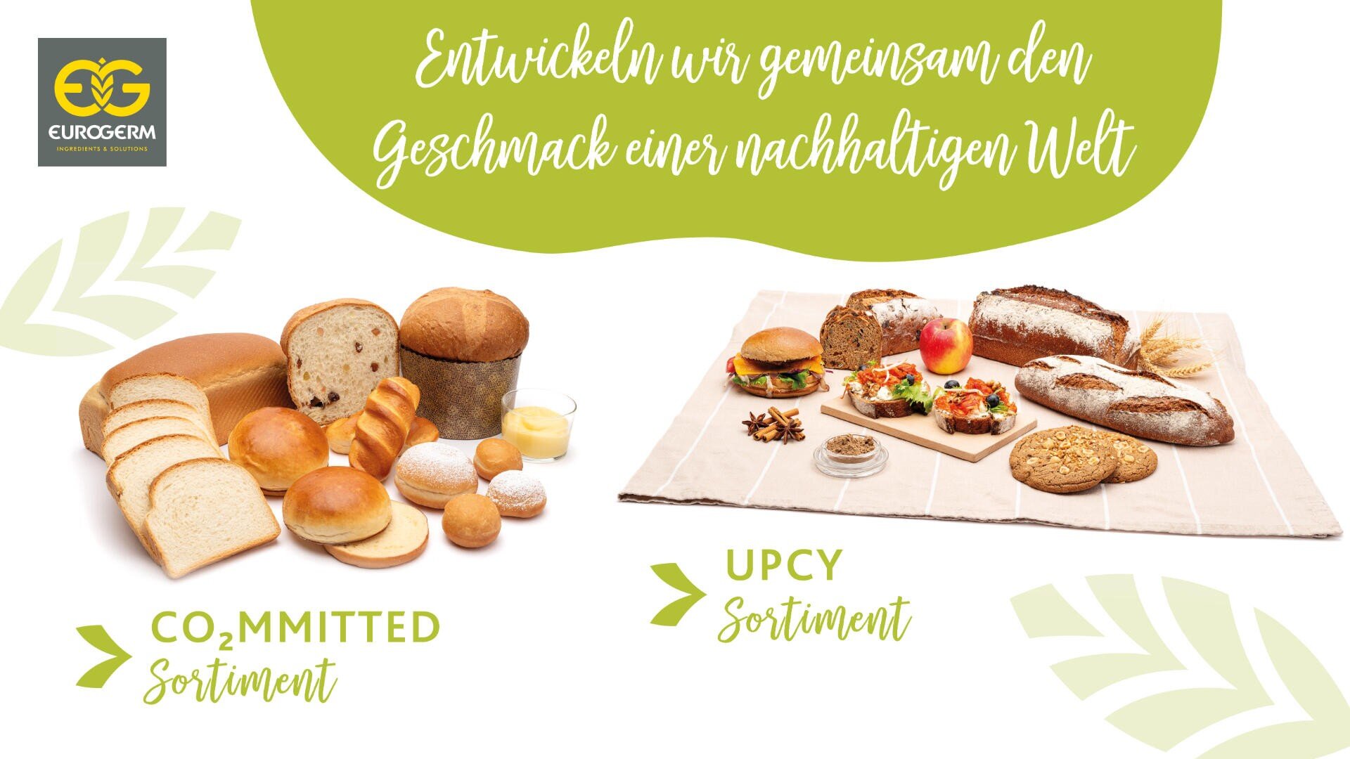 Ein Werbebild von Eurogerm, das zwei Gruppen von Backwaren zeigt: eine mit der Aufschrift CO2MMITTED Sortiment mit verschiedenen Brotlaiben und Brötchen und eine mit der Aufschrift UPCY Sortiment mit belegten Broten, Brot und Brötchen auf einem Tischsockel.