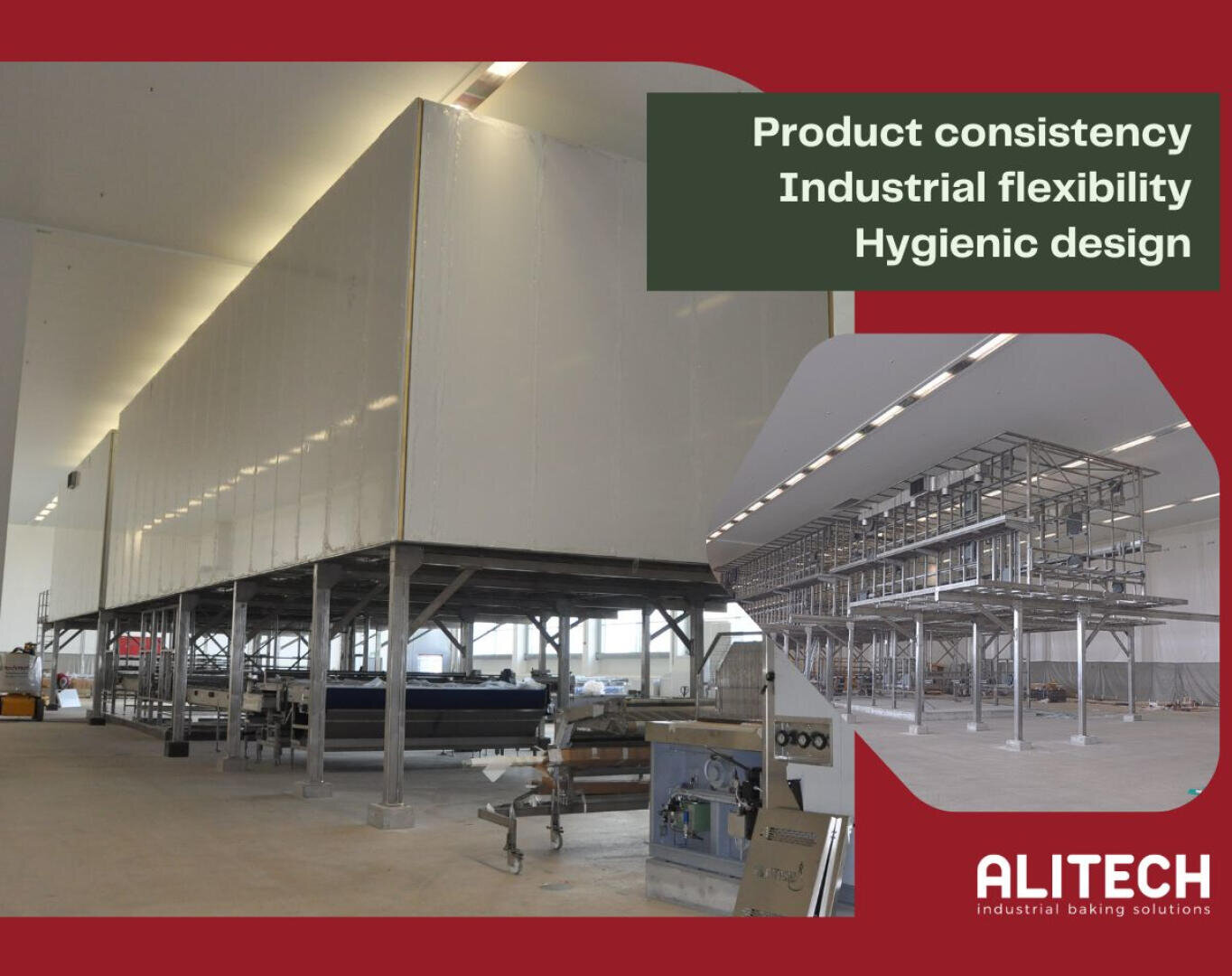 Large industrial baking equipment inside a spacious, clean facility. Text highlights product consistency, industrial flexibility, and hygienic design. ALITECH branding appears in the bottom right corner.