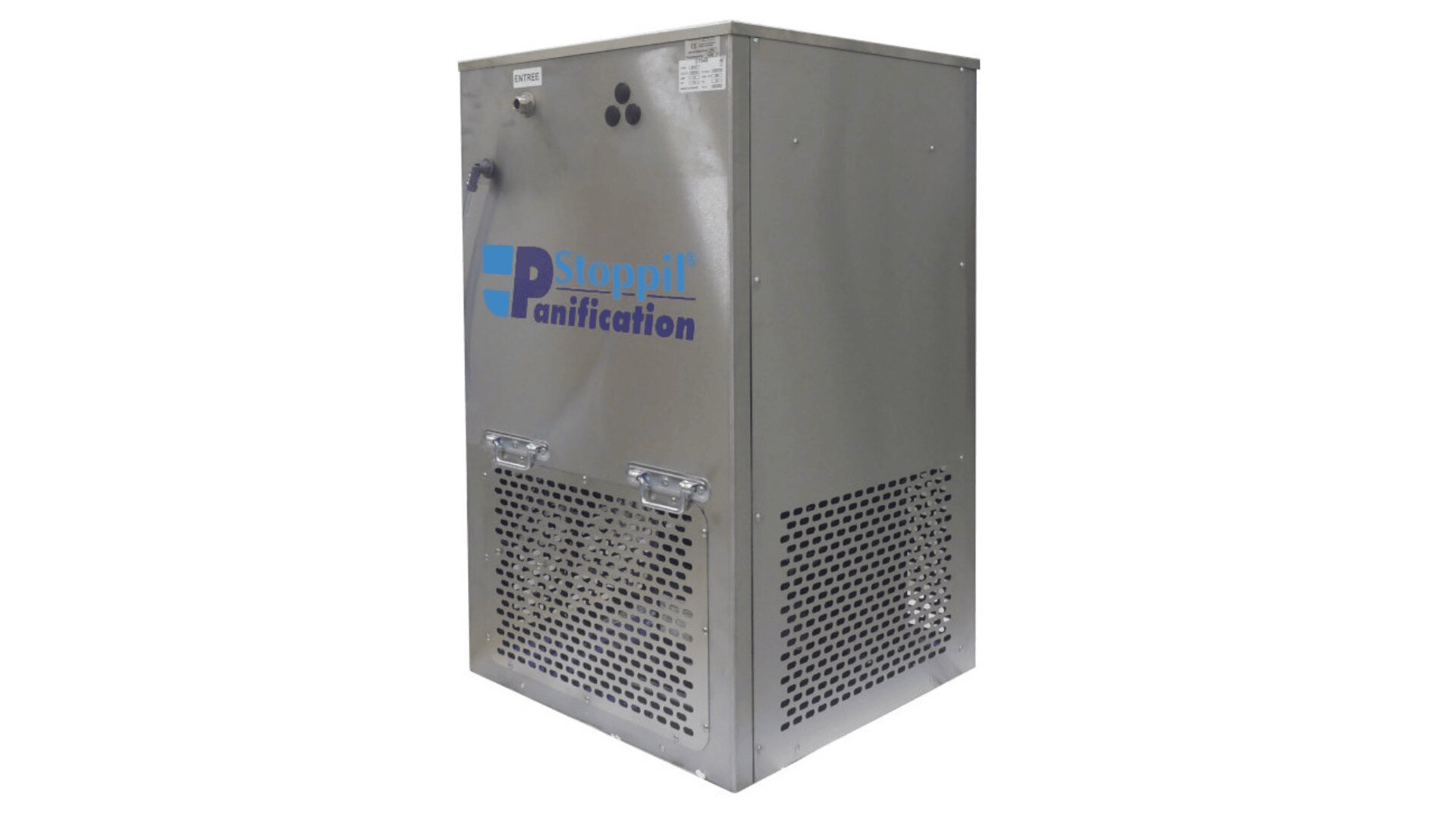A stainless steel commercial refrigeration unit with ventilation grilles, labeled Stoppi Panification in blue text on the side, standing against a white background.
