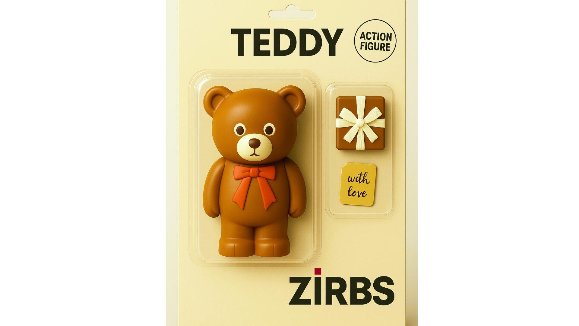 Ein verpacktes Spielzeug mit der Aufschrift „TEDDY ACTION FIGURE“ enthält einen braunen Teddybären mit einer roten Schleife und eine kleine Geschenkschachtel mit einem Etikett mit der Aufschrift „with love“. Auf der Unterseite ist der Markenname ZIRBS zu sehen.