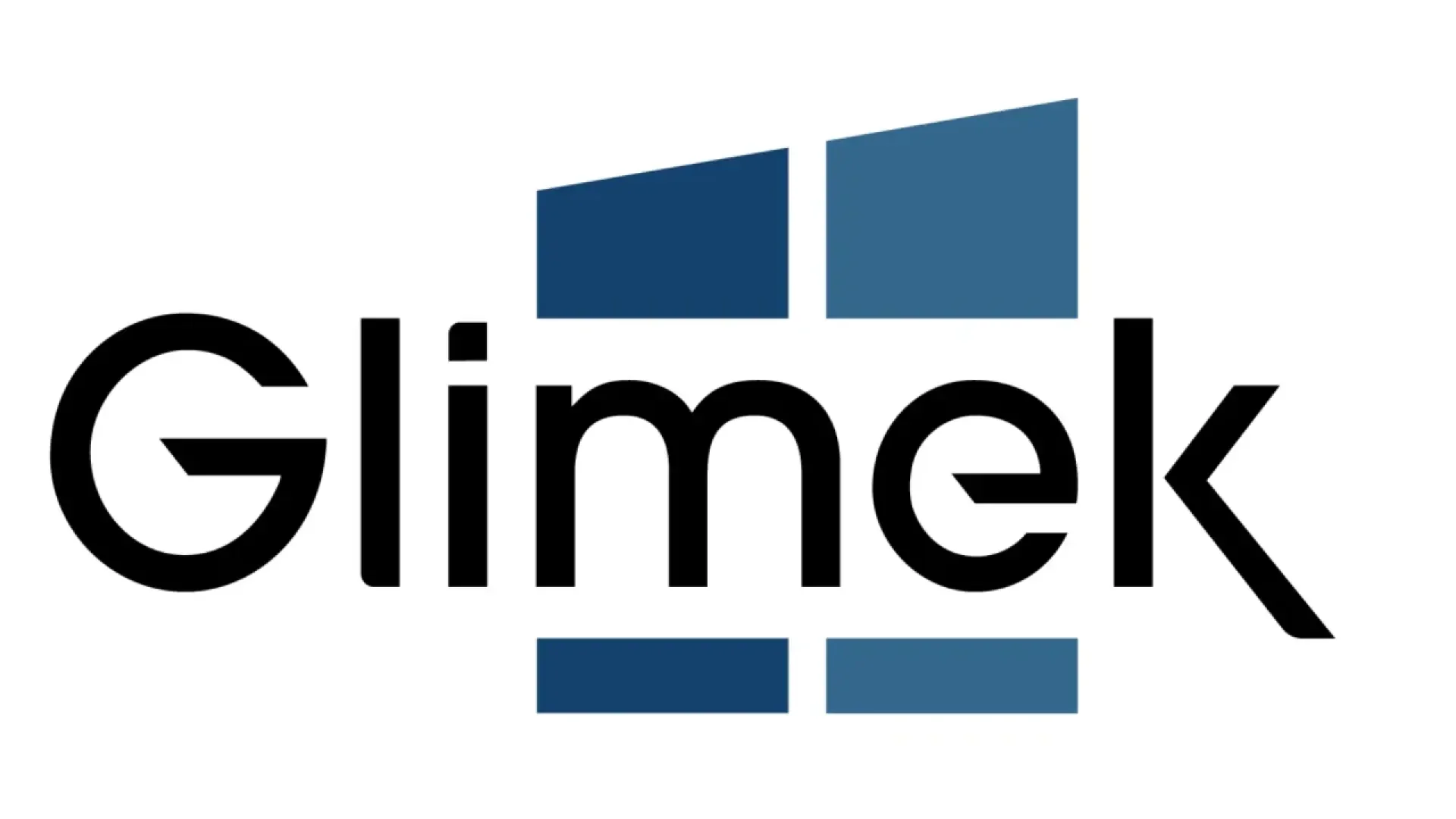 The image shows the word Glimet in black text, with four blue rectangular shapes forming a stylized window behind and above the letters l and i. The background is white.
