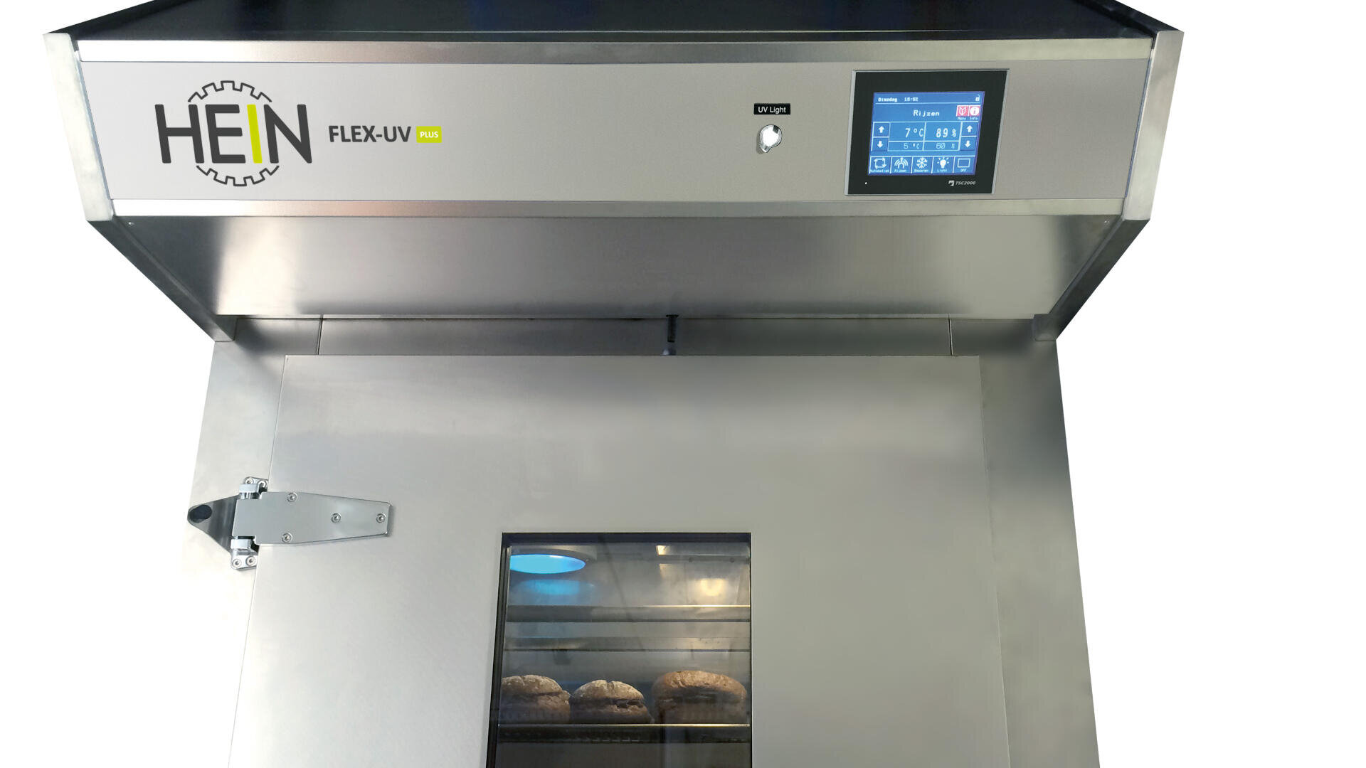 Eine HEIN FLEX-UV Maschine aus rostfreiem Stahl mit einem digitalen Bedienfeld oben rechts und einem Fenster in der mittleren Tür, das die Brotlaibe im Inneren zeigt.