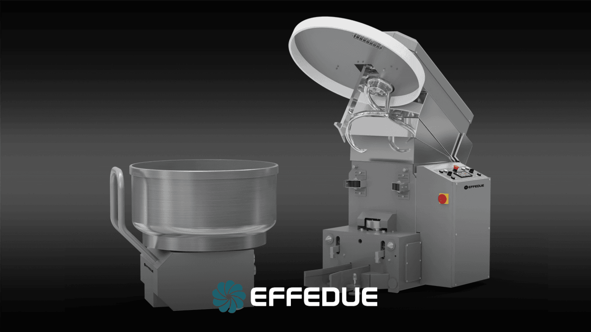 A commercial dough mixer with its bowl removed is displayed on a dark background. The machine’s lid is open, revealing internal components. The logo EFFEDUE appears at the bottom center.