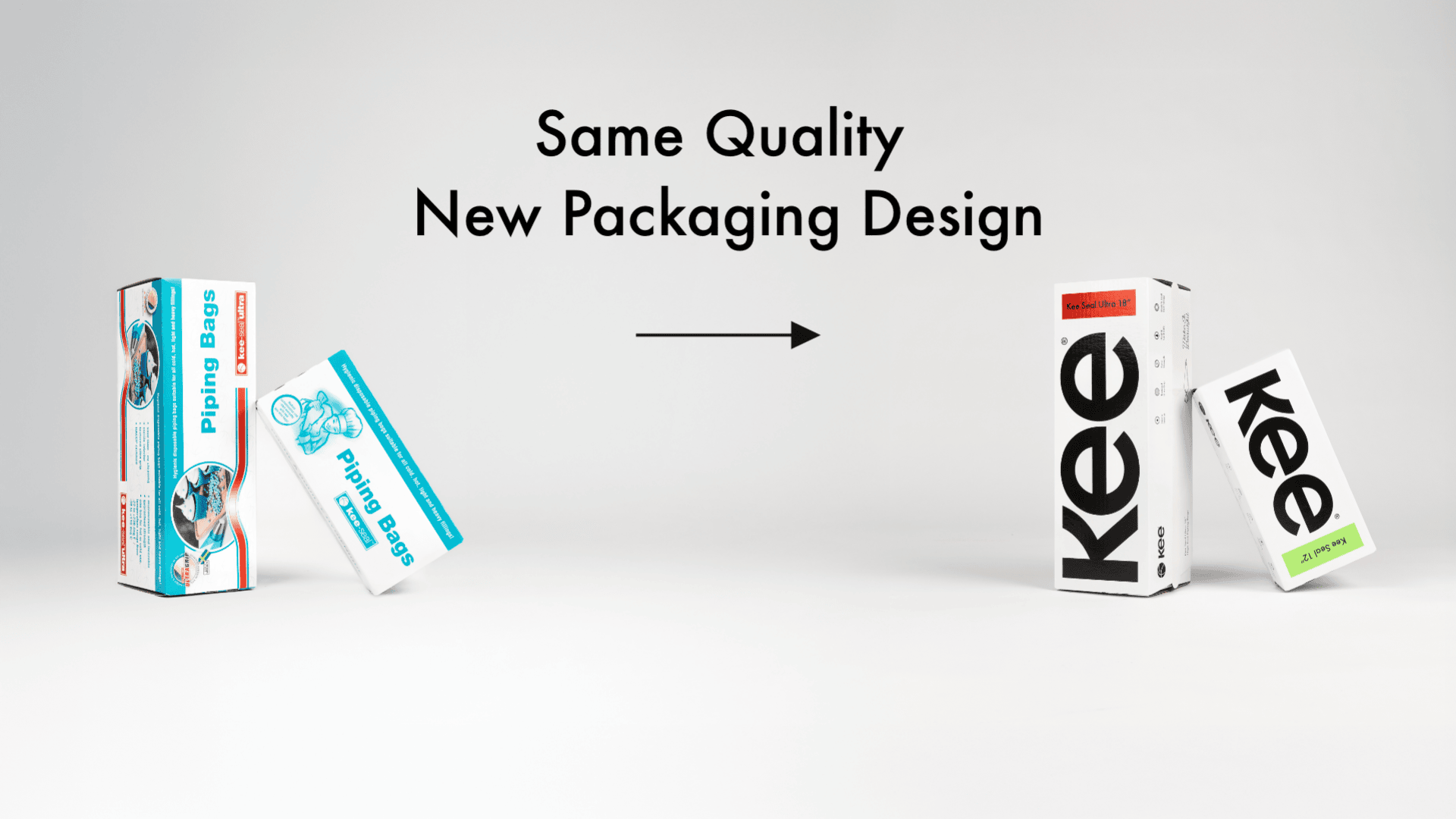 Two piping bag boxes are shown, with an arrow pointing from the old blue and white packaging to the new bold black and white KEE design. Text above says, “Same Quality, New Packaging Design.”.