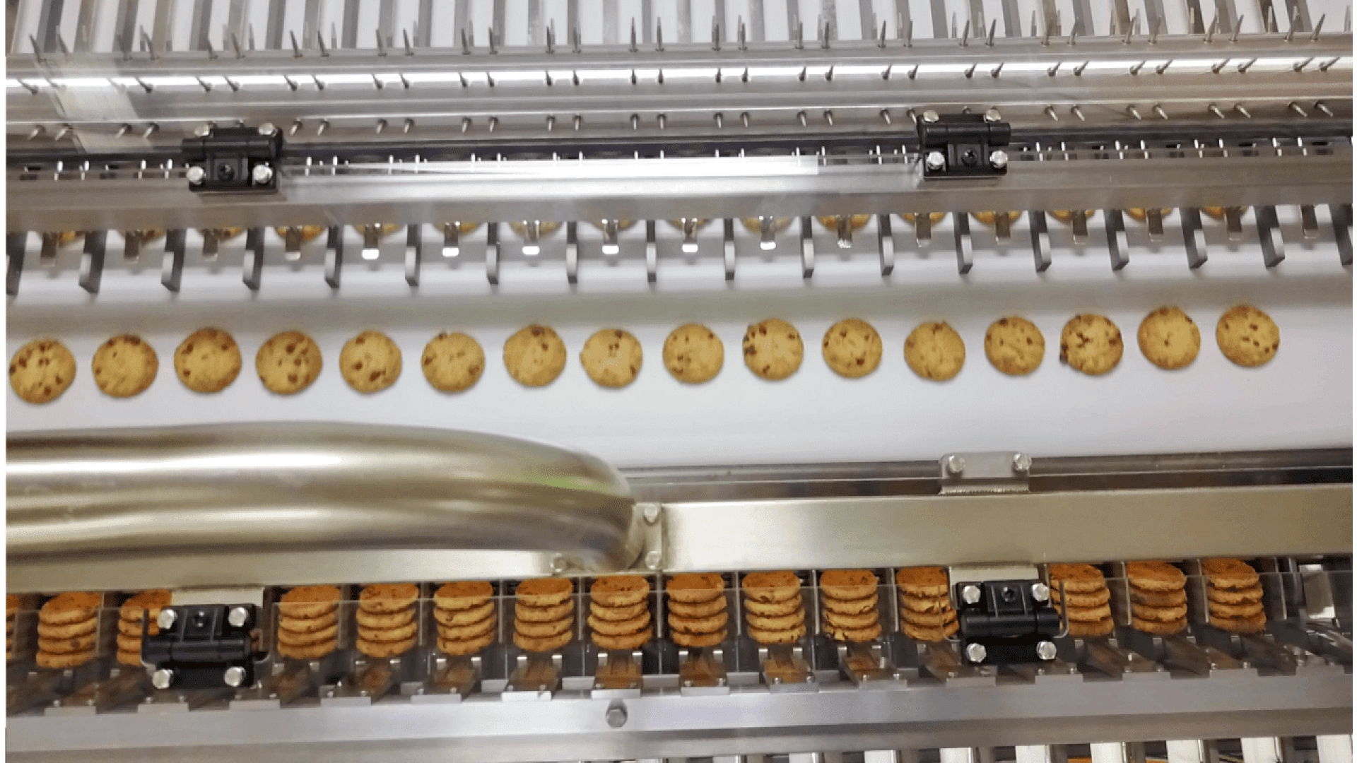 Ein Förderband transportiert Schokoladenkekse in gleichmäßigen Abständen durch eine Industriemaschine, wobei Metallschienen die Kekse in geordneten Reihen führen.