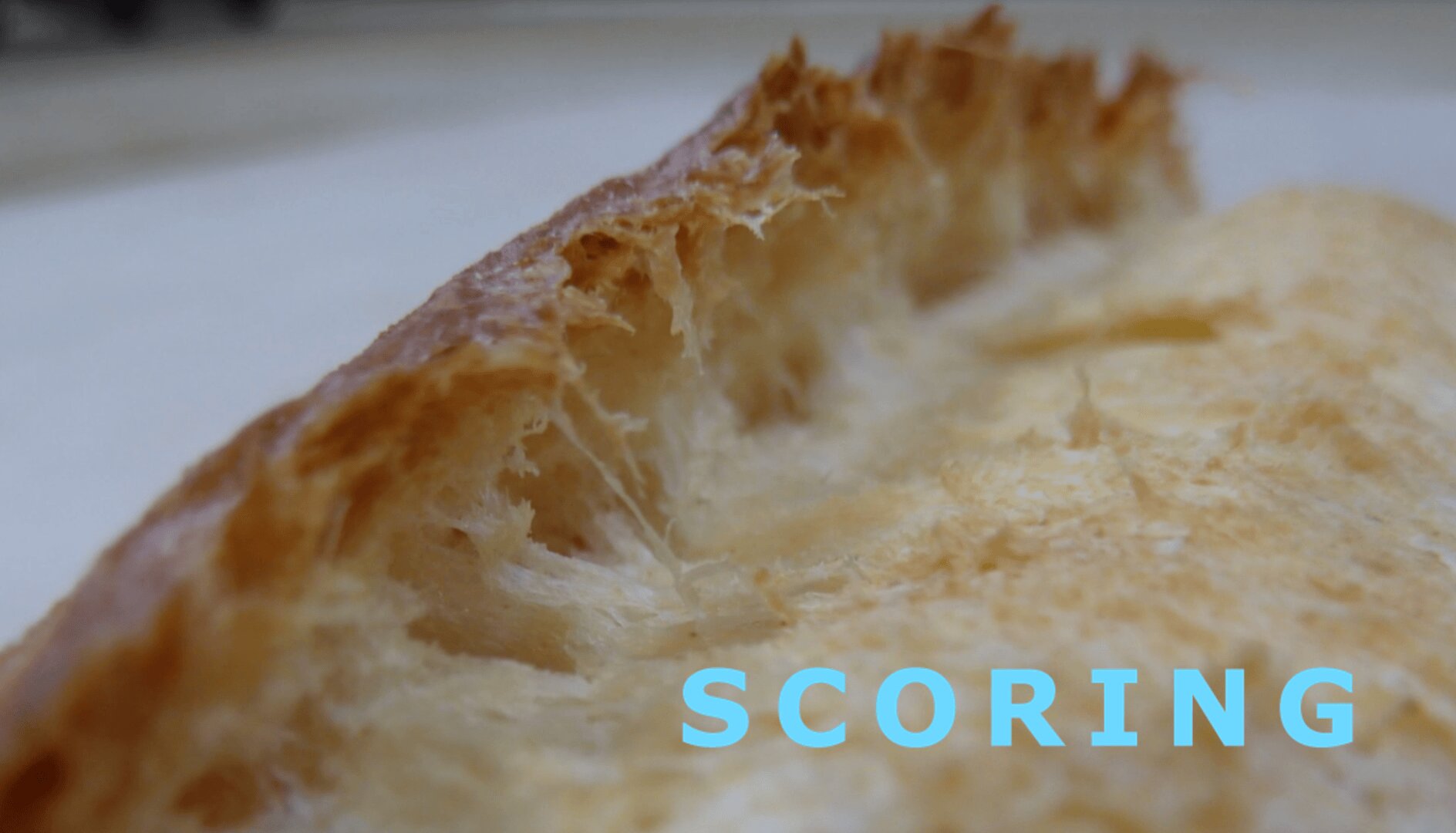 Close-up of crusty, golden-brown bread with an airy, textured interior. The word SCORING appears in large blue letters on the lower right side of the image.