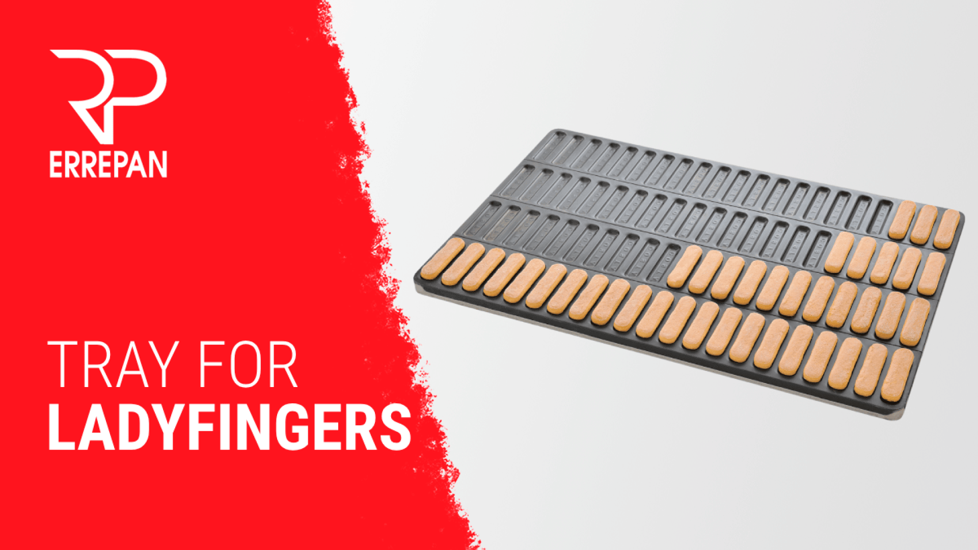 A metal baking tray holding rows of ladyfinger cookies is shown on a white and red background with the text Tray for Ladyfingers and the Errepan logo in the top left corner.