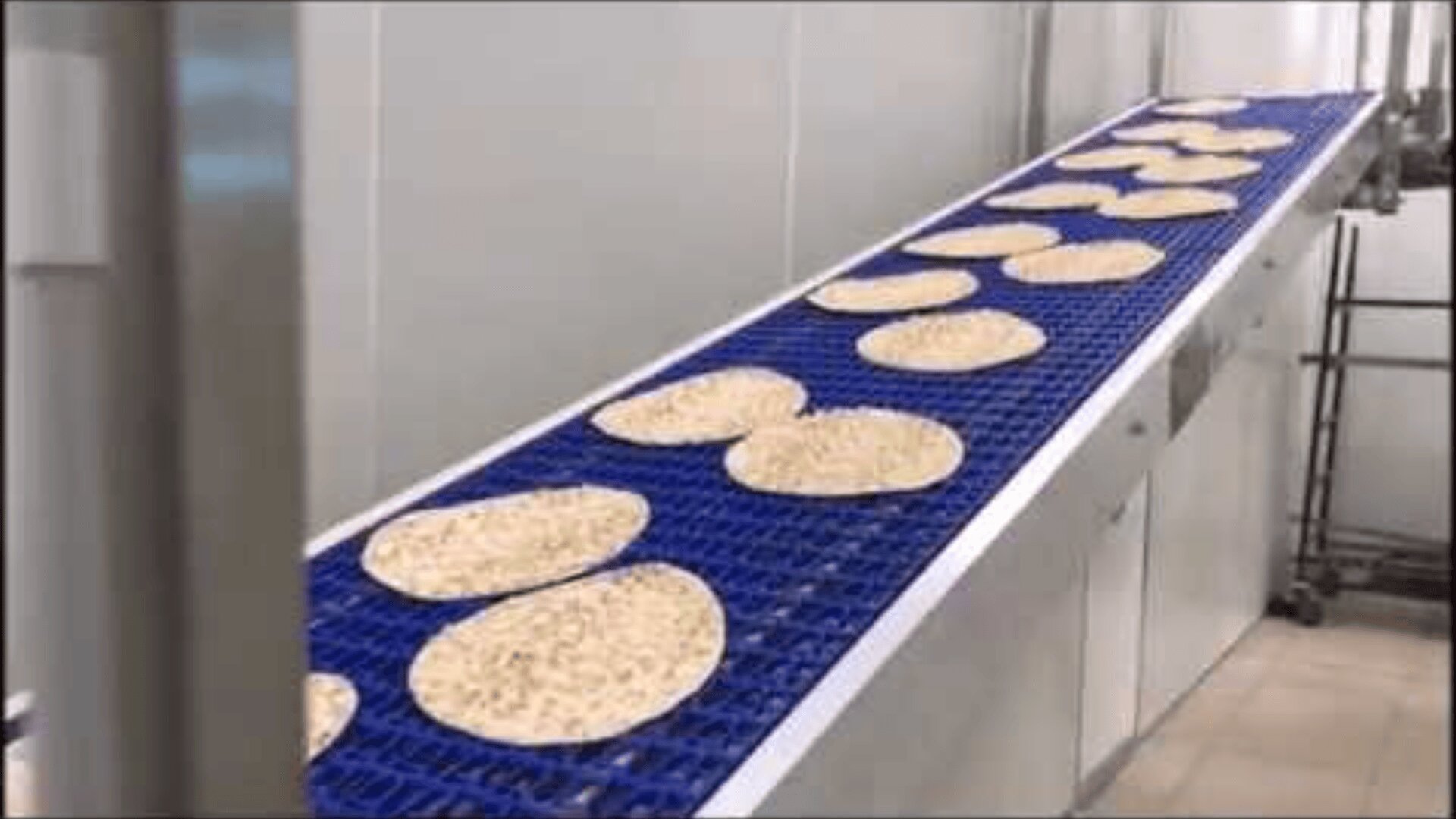 Several flatbread rounds move along a blue conveyor belt inside a commercial bakery or food processing facility with light-colored walls.