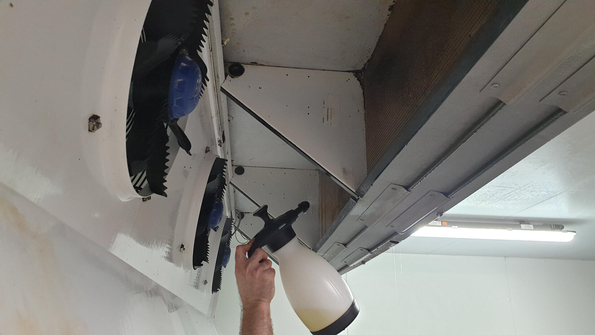 Eine Person hält eine Sprühflasche in der Hand und reinigt oder behandelt die Unterseite einer Lüftungshaube aus Metall mit sichtbaren Ventilatoren und fettigen Oberflächen.