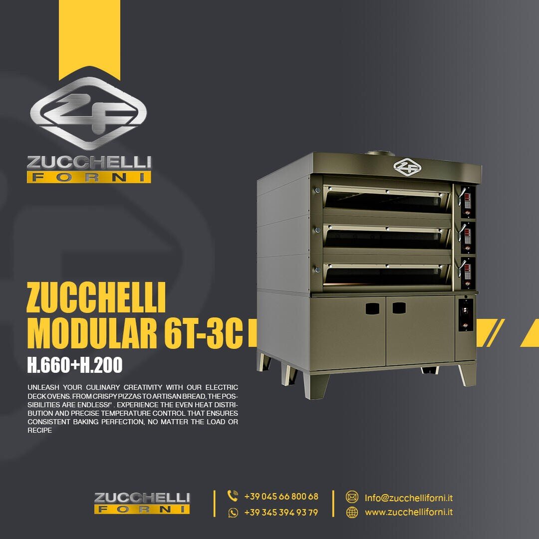 A Zuchelli Forni modular oven with three stacked compartments, metallic finish, and control panel. Yellow text describes features; company logo and contact details appear on a dark background.