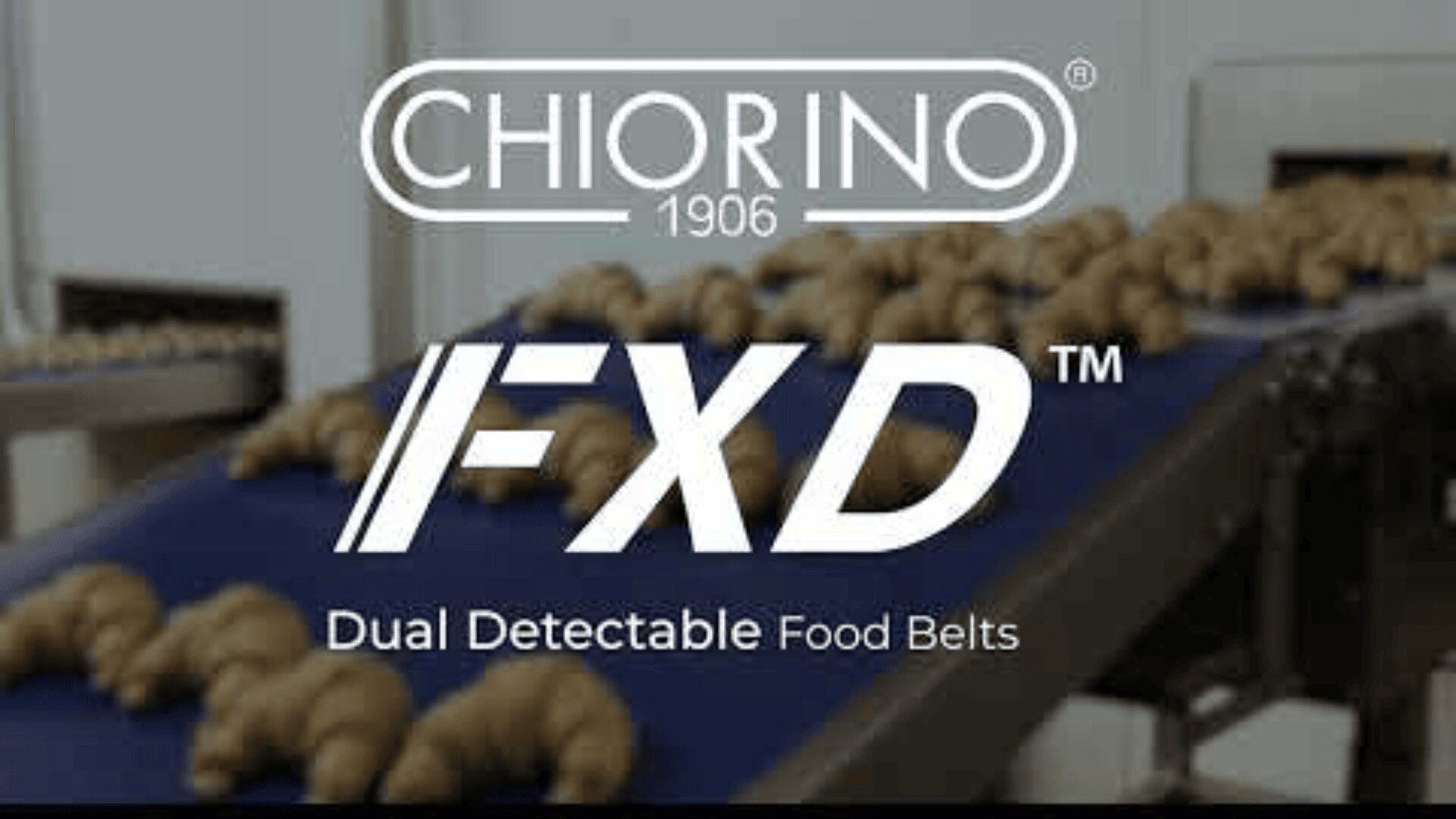 A conveyor belt with pastries moving through a production line, overlaid with the Chiorino 1906 logo and text: FXD Dual Detectable Food Belts.