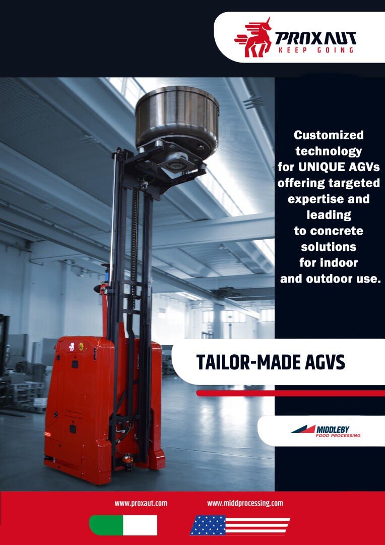 A red automated guided vehicle (AGV) with a raised fork holding a large metal container is shown inside an industrial building. Text highlights customized AGV technology for indoor and outdoor use. Logos and flags are also visible.