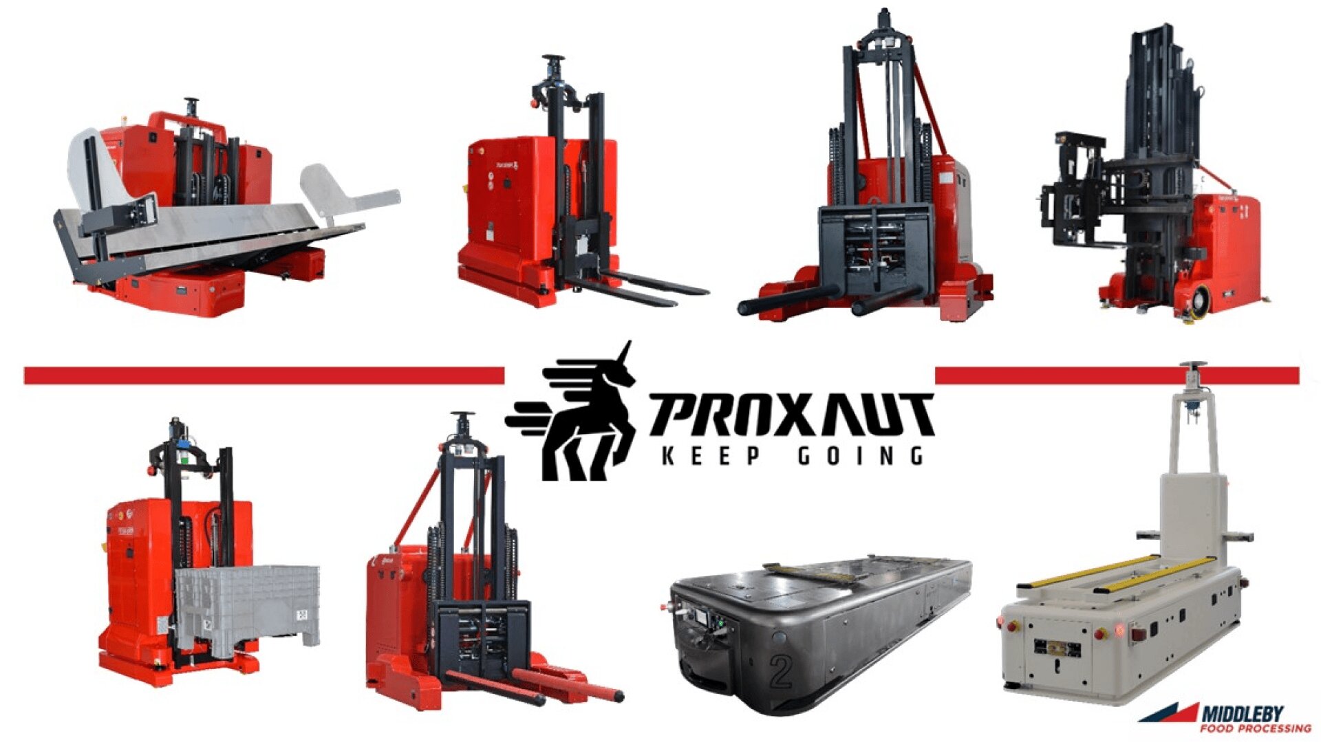 A variety of red industrial automated guided vehicles and forklifts are shown around the Proxaut logo, with Keep Going text beneath. Middeby Food Processing logo appears in the lower right corner.