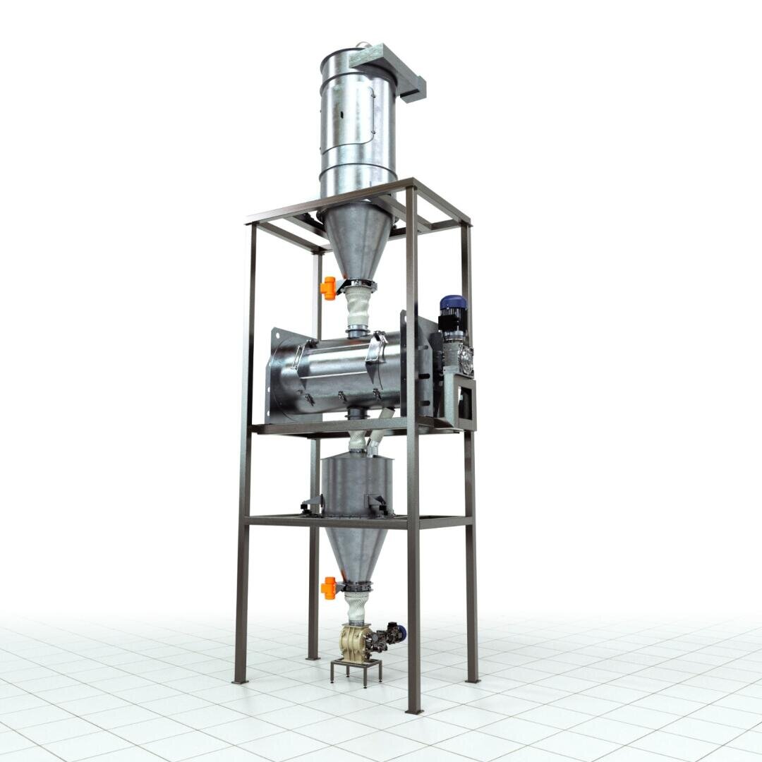 A large industrial stainless steel processing machine with cylindrical and conical sections, mounted on a metal frame, standing on a tiled floor against a plain white background.