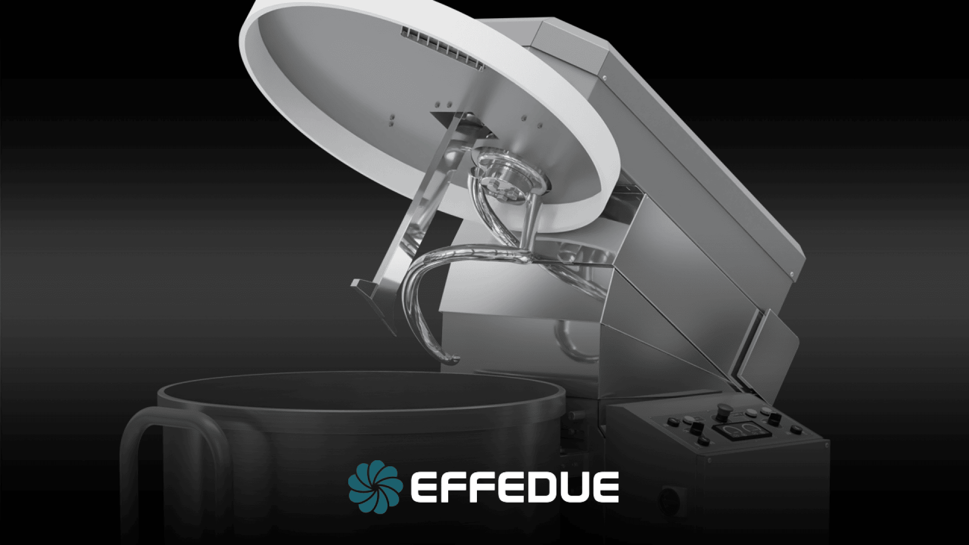 Ein großer industrieller Teigkneter mit offenem Deckel, Metallrührarm und Bedienfeld, dargestellt auf einem dunklen Hintergrund mit dem EFFEDUE-Logo in der unteren Mitte.