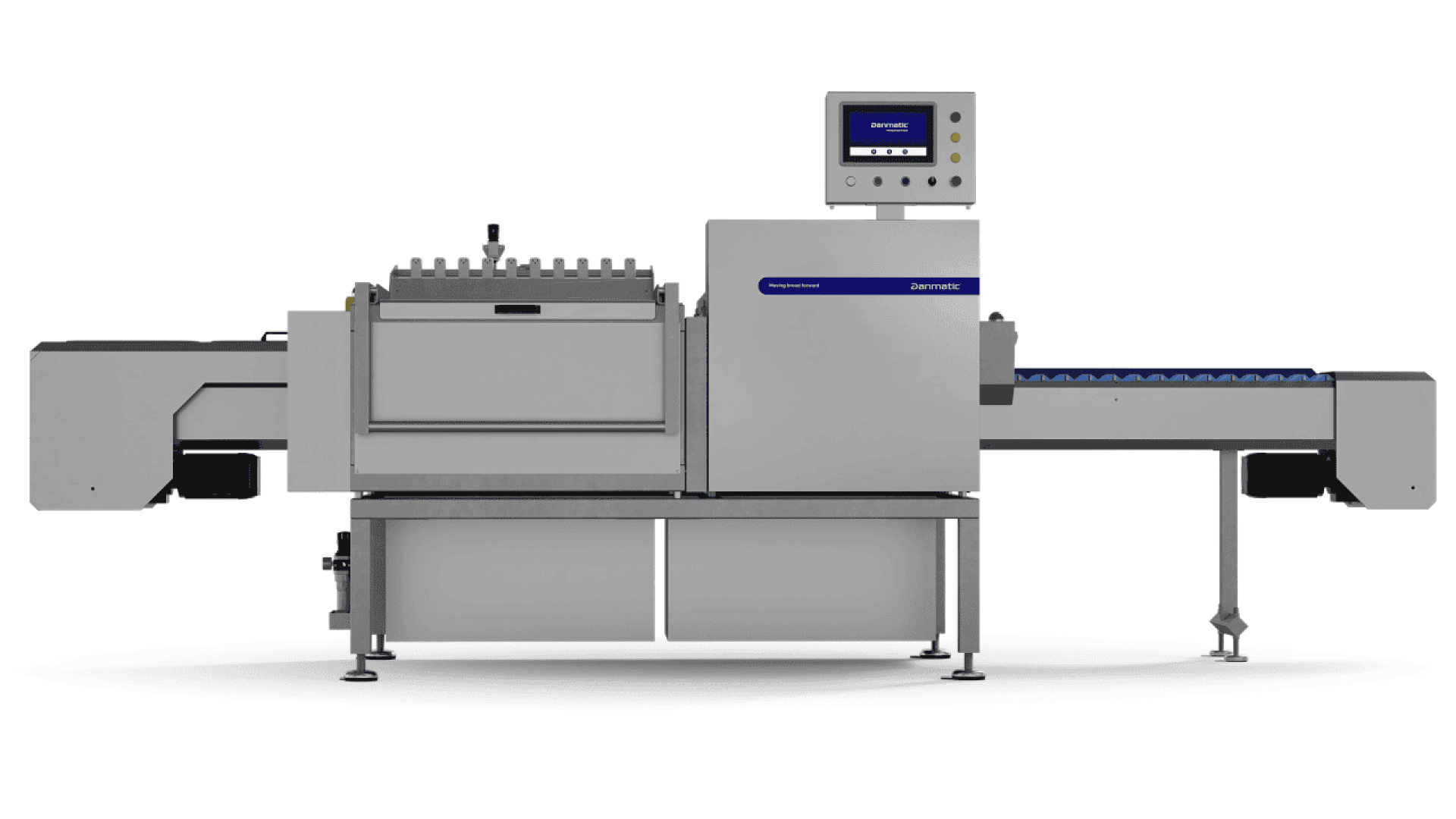 Industrielle Verpackungsmaschine mit Förderband, Bedienfeld und Metallgehäuse, konzipiert für die automatische Verarbeitung und Verpackung von Lebensmitteln oder Produkten. Die Maschine wirkt sauber und modern.