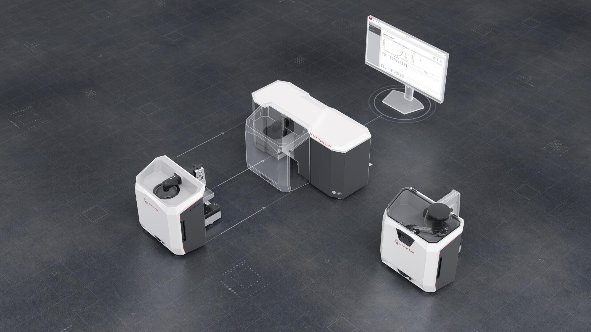A digital rendering shows two automated guided vehicles (AGVs) interacting with a central station, with a computer monitor displaying data in the background on a dark, grid-patterned floor.
