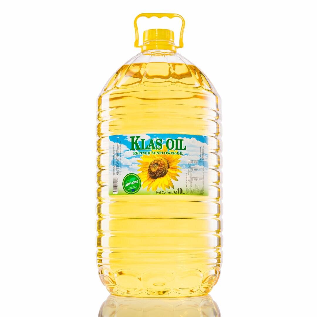 A large, clear plastic bottle of Klas Oil refined sunflower oil with a yellow handle and a label featuring a sunflower and a green seal, containing 10 liters.