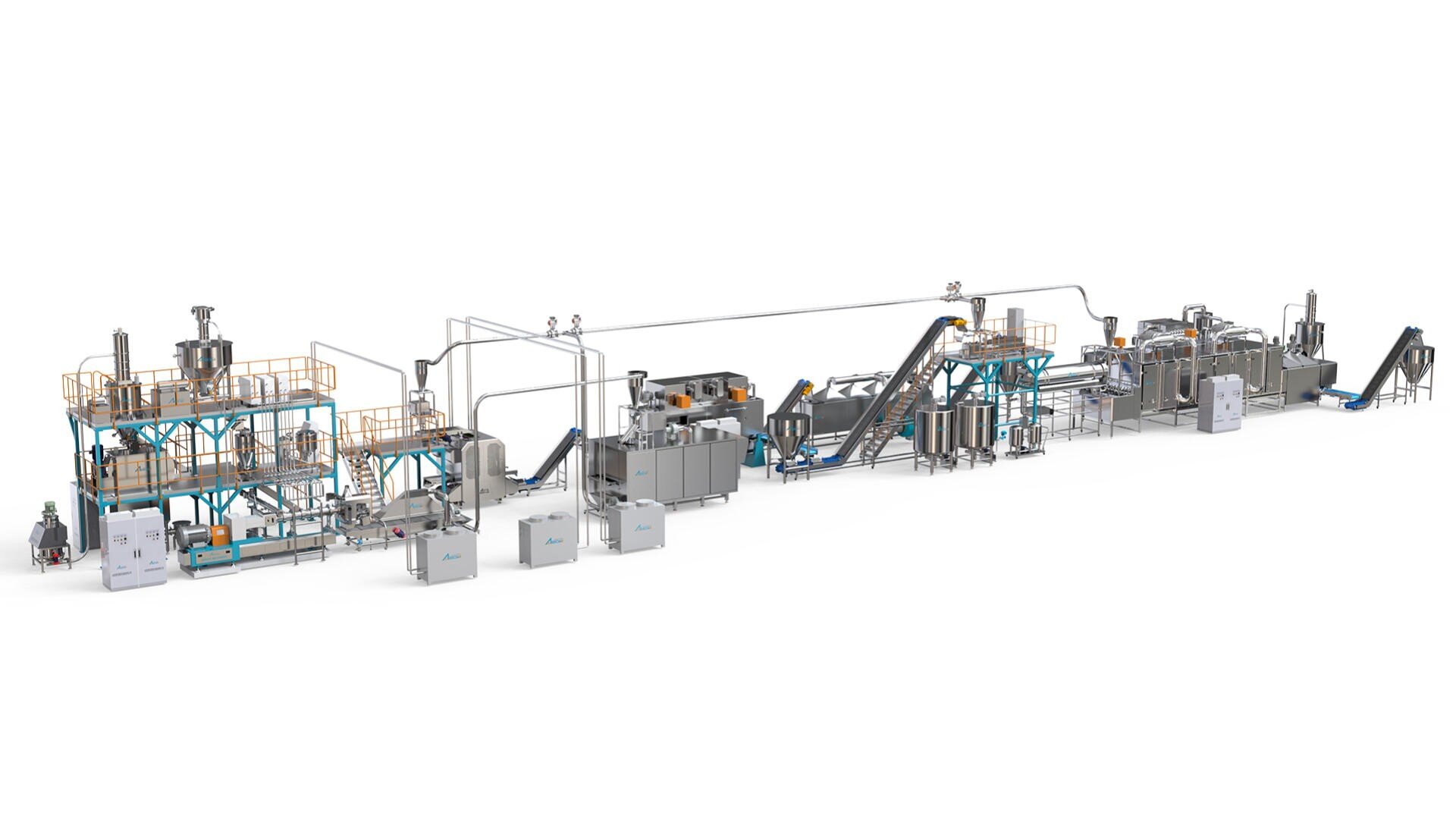 Wide view of an automated industrial food processing line with various interconnected machines, conveyor belts, tanks, and platforms, used for large-scale manufacturing or packaging in a factory setting.