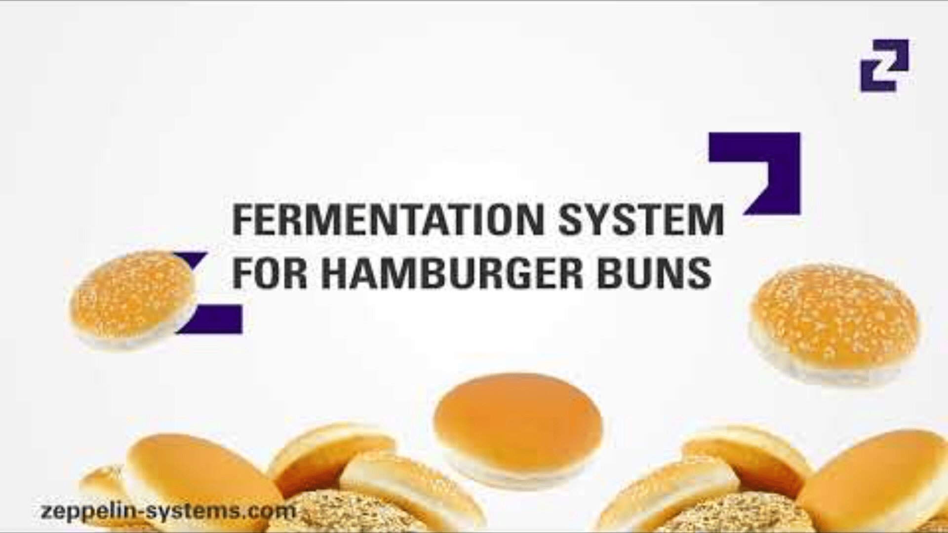 Several hamburger buns, including seeded and plain varieties, are scattered around text that reads “Fermentation system for hamburger buns.” The zeppelin-systems.com website address appears in the bottom left corner.