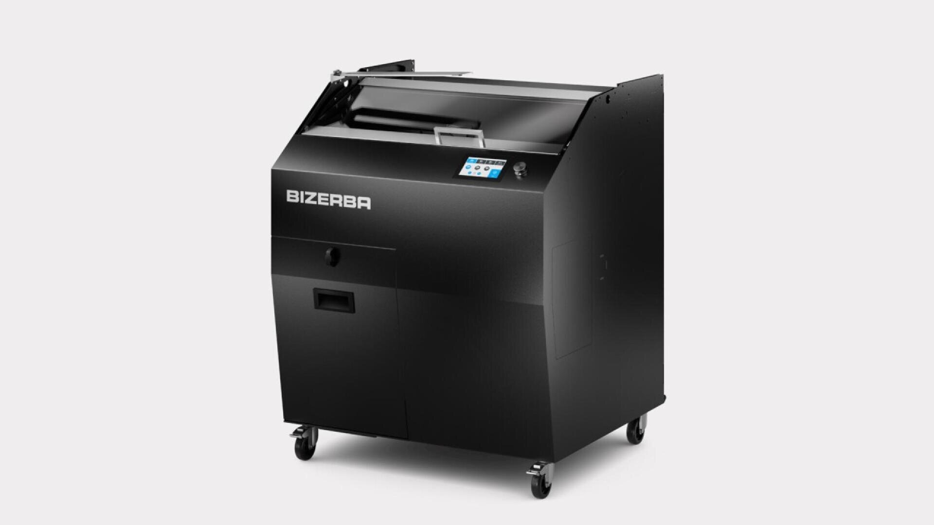 A black Bizerba industrial machine with a touchscreen display, storage compartments, and wheels for mobility, set against a plain light background.