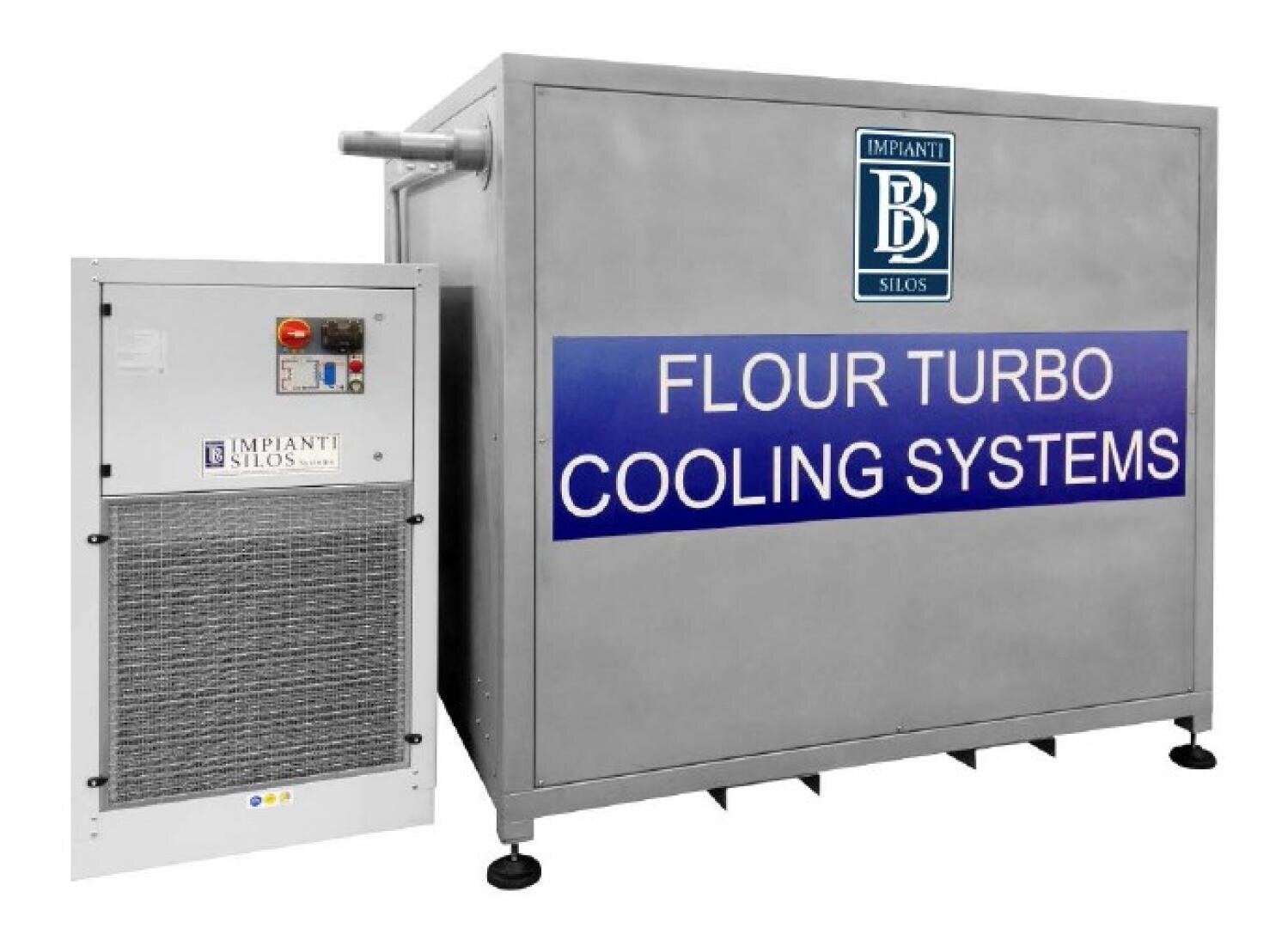 Large industrial machine labeled Flour Turbo Cooling Systems with control panel and cooling unit, manufactured by Impianti Silos. The machine is silver with blue and white signage.