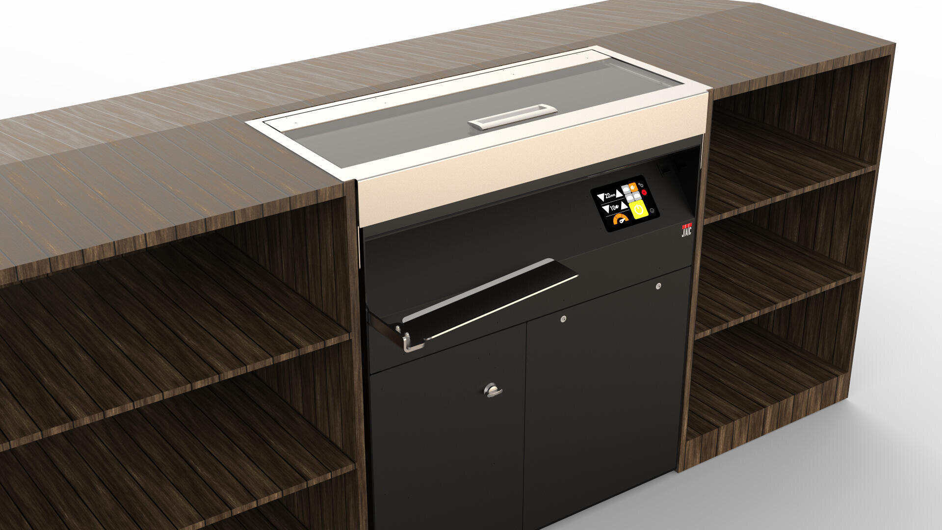 Eine moderne schwarze Abfall- und Recyclingstation mit Digitalanzeige und Metallgriff, eingebaut in einen dunklen Holzschrank mit offenen Regalen auf beiden Seiten.