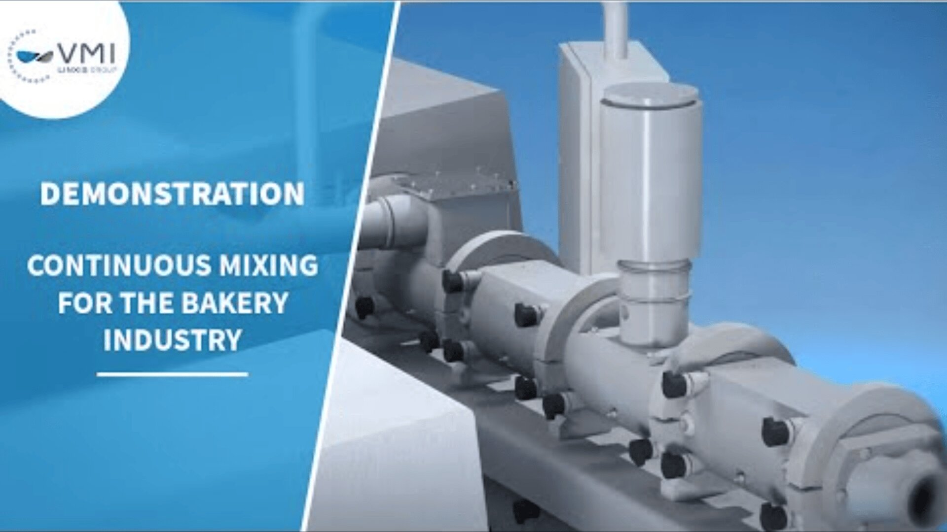 A demonstration of a continuous mixing machine for the bakery industry with a complex metal mixing unit on a blue background with VMI Group branding.