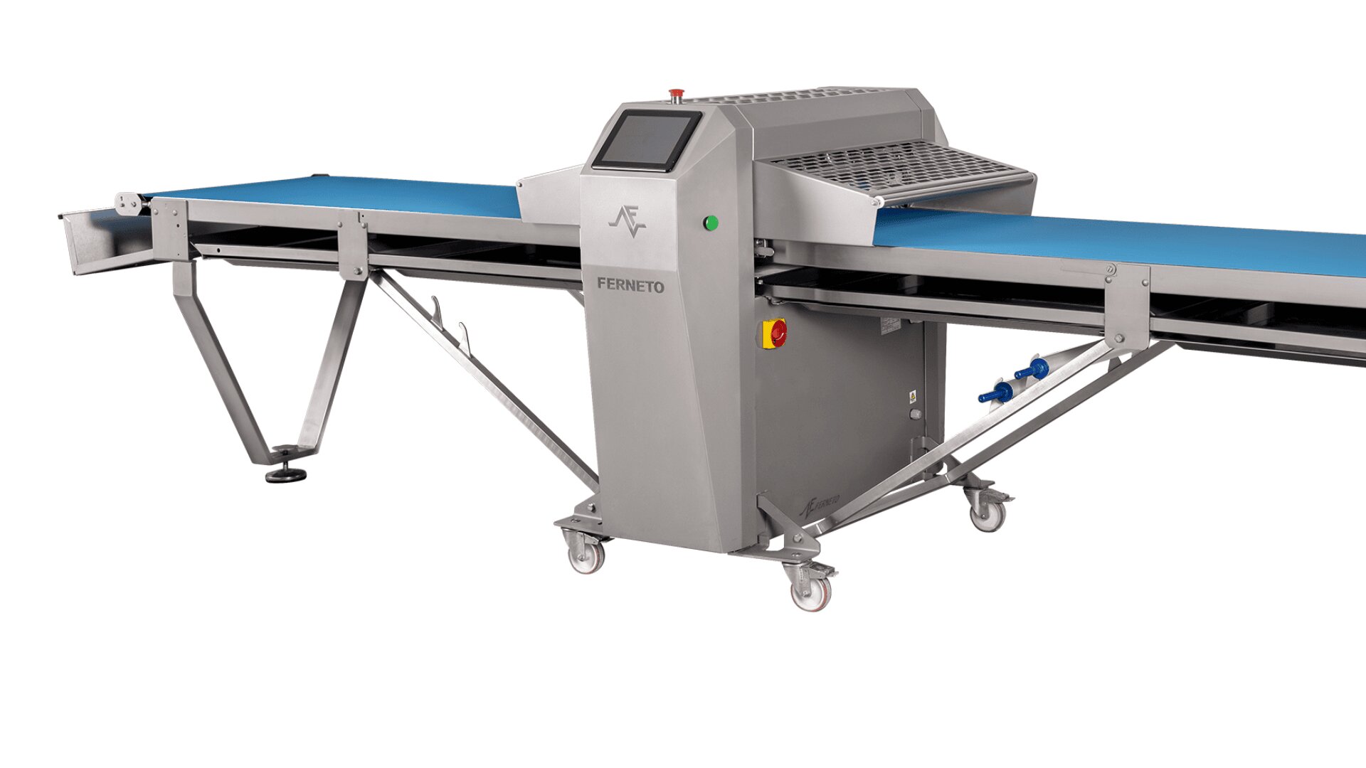 A stainless steel industrial conveyor machine with a blue belt, control panel, and wheels, designed for food processing or packaging.