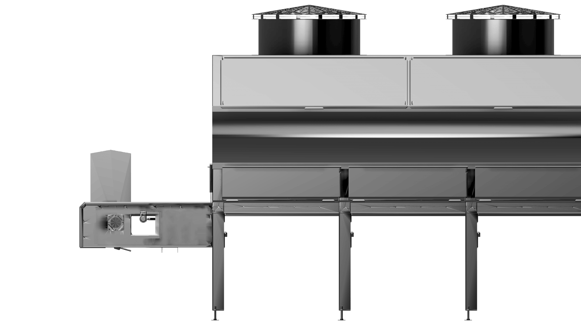 Industrielles Kühlturmsystem, Seitenansicht, zeigt eine lange Metallstruktur mit Ventilatoren oben, Stützfüßen unten und einem Schaltschrank mit elektronischen Komponenten auf der linken Seite.